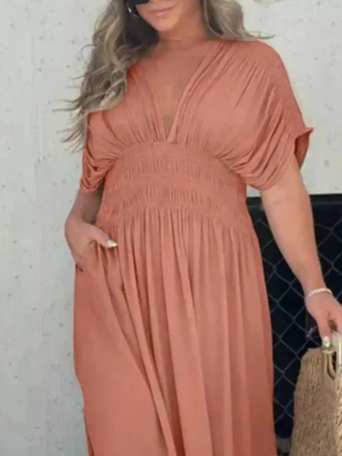 Plus Size V-Neck Smocked Waist Maxi Dress with Slit Trendsi