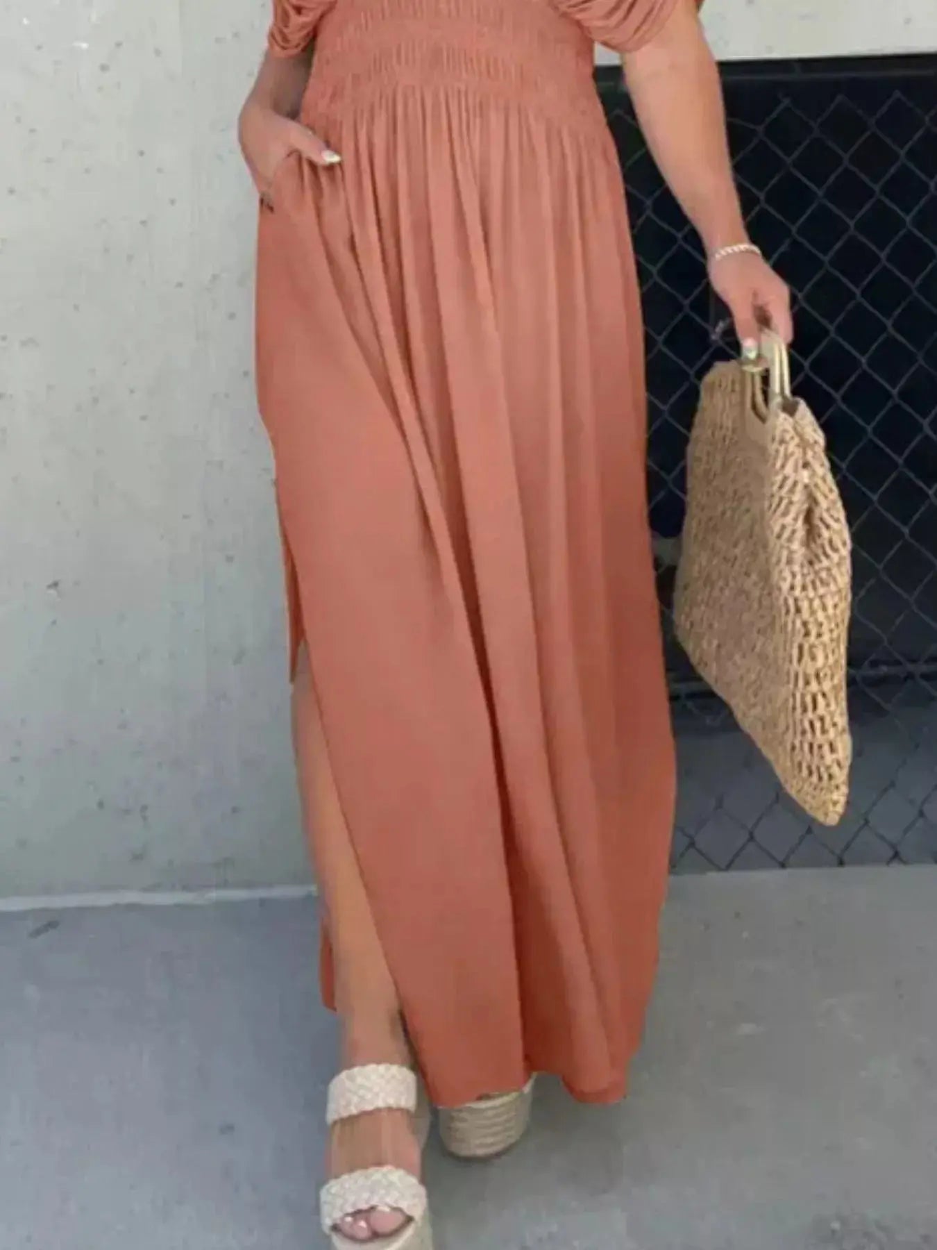 Plus Size V-Neck Smocked Waist Maxi Dress with Slit Trendsi