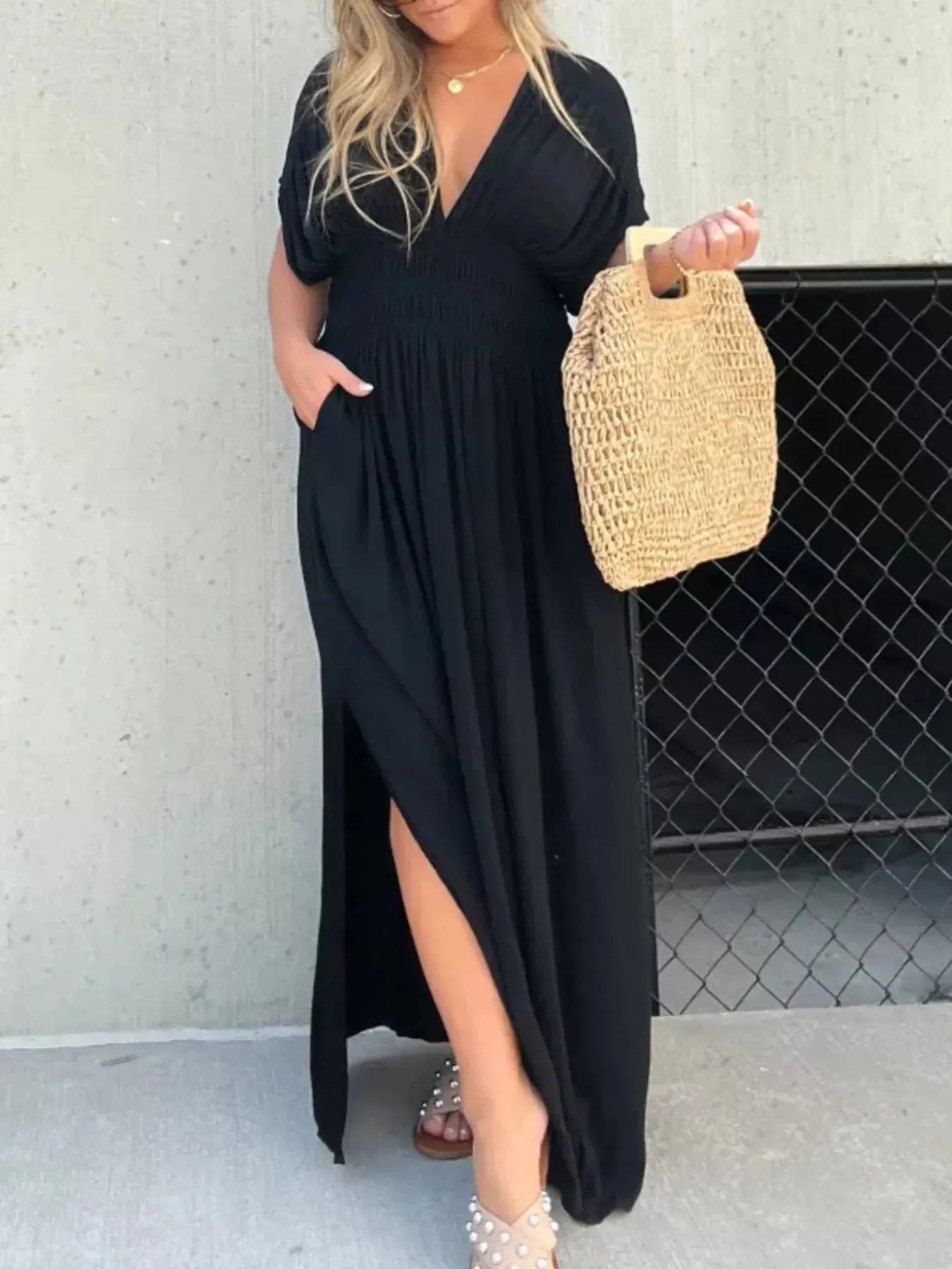 Plus Size V-Neck Smocked Waist Maxi Dress with Slit Trendsi