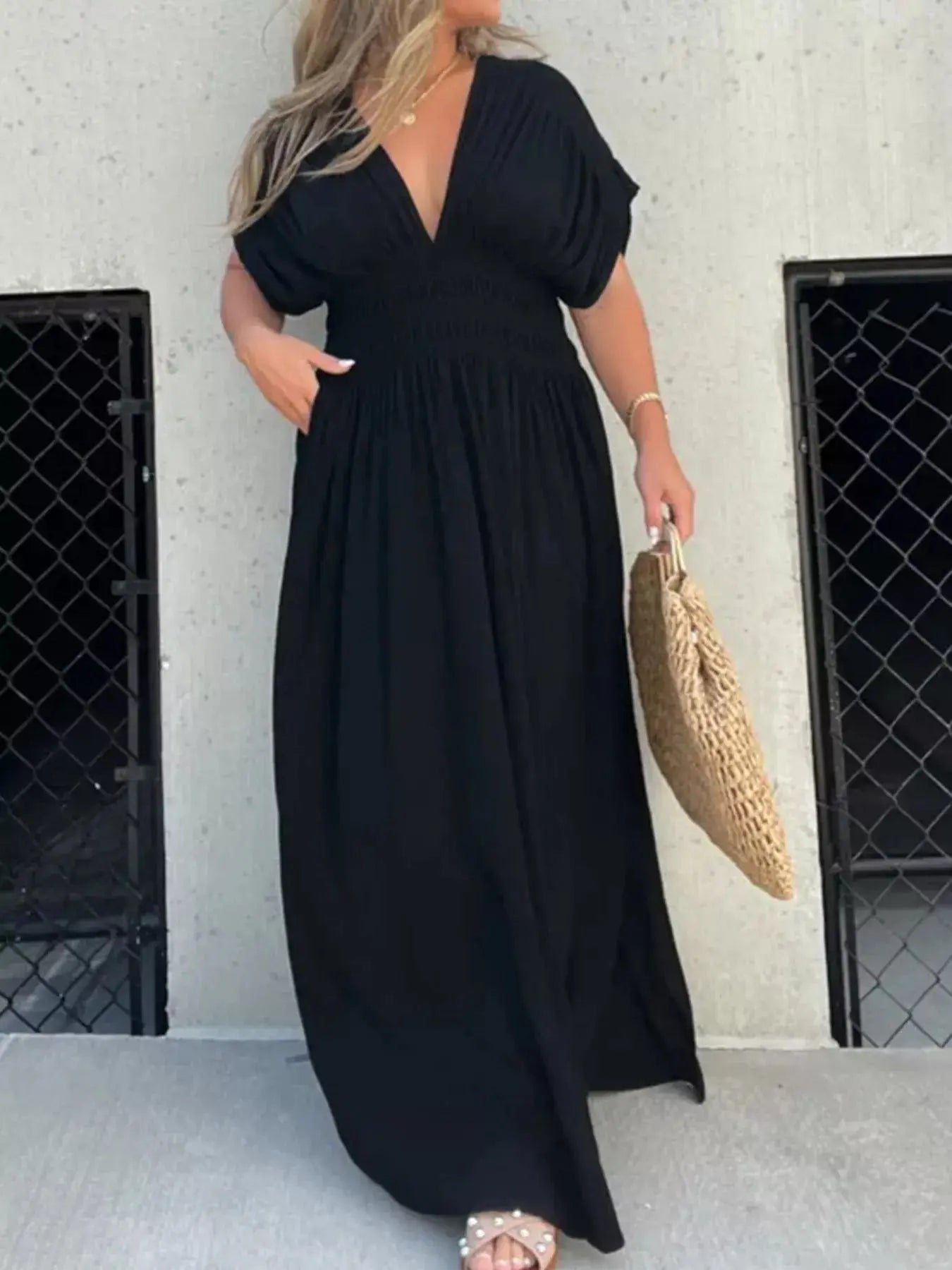 Plus Size V-Neck Smocked Waist Maxi Dress with Slit Trendsi