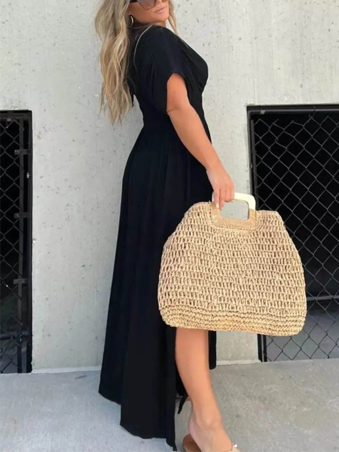Plus Size V-Neck Smocked Waist Maxi Dress with Slit Trendsi