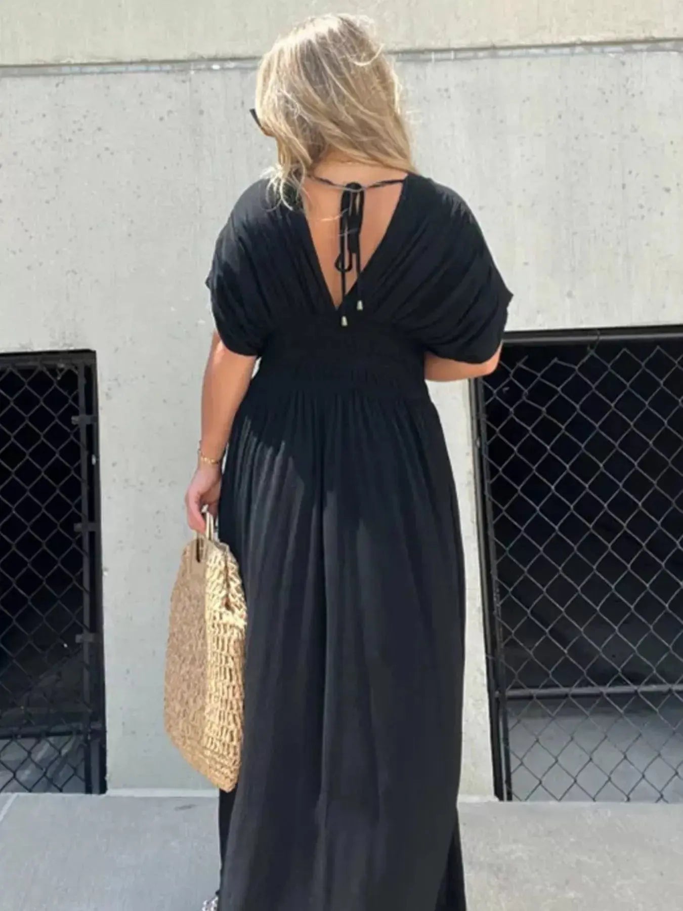 Plus Size V-Neck Smocked Waist Maxi Dress with Slit Trendsi