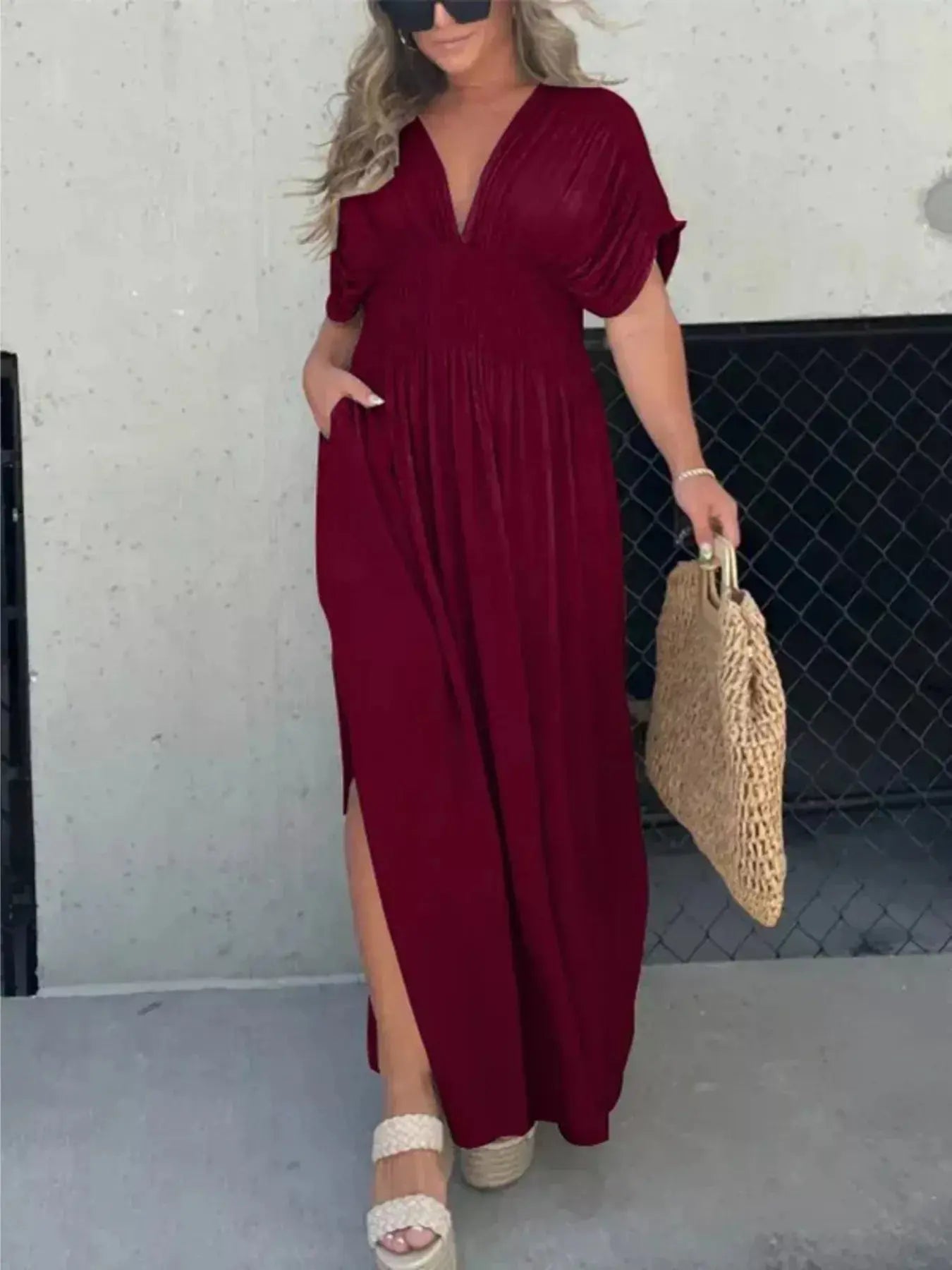 Plus Size V-Neck Smocked Waist Maxi Dress with Slit Trendsi