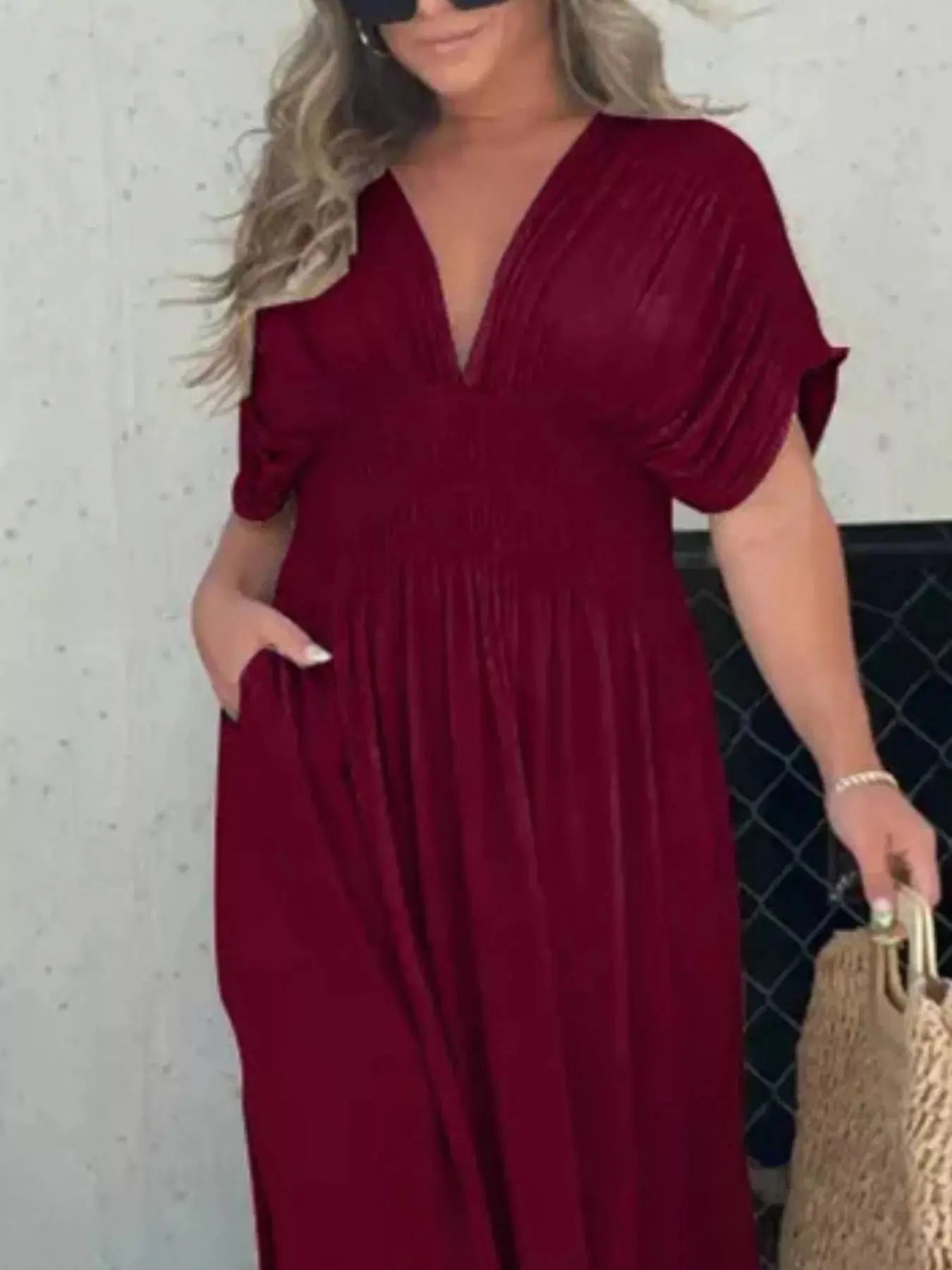 Plus Size V-Neck Smocked Waist Maxi Dress with Slit Trendsi