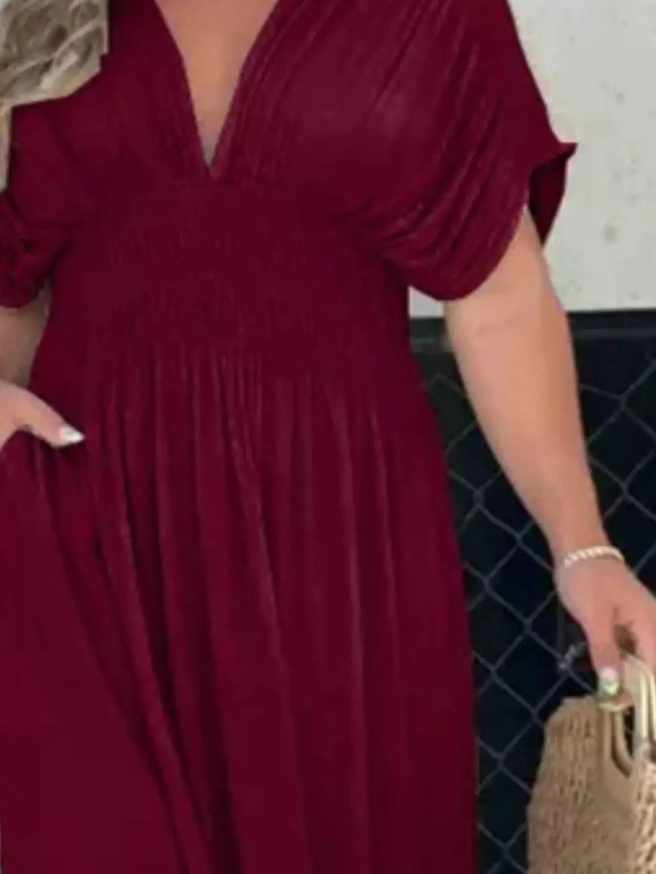 Plus Size V-Neck Smocked Waist Maxi Dress with Slit Trendsi