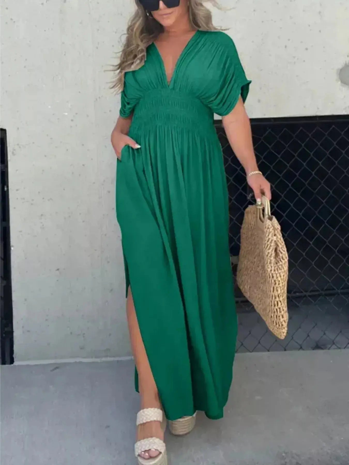 Plus Size V-Neck Smocked Waist Maxi Dress with Slit Trendsi