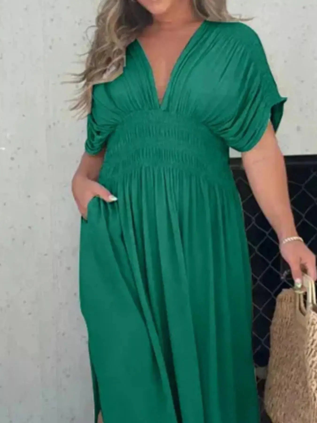 Plus Size V-Neck Smocked Waist Maxi Dress with Slit Trendsi