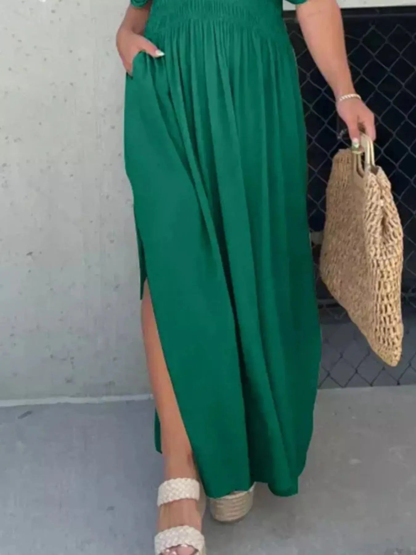 Plus Size V-Neck Smocked Waist Maxi Dress with Slit Trendsi