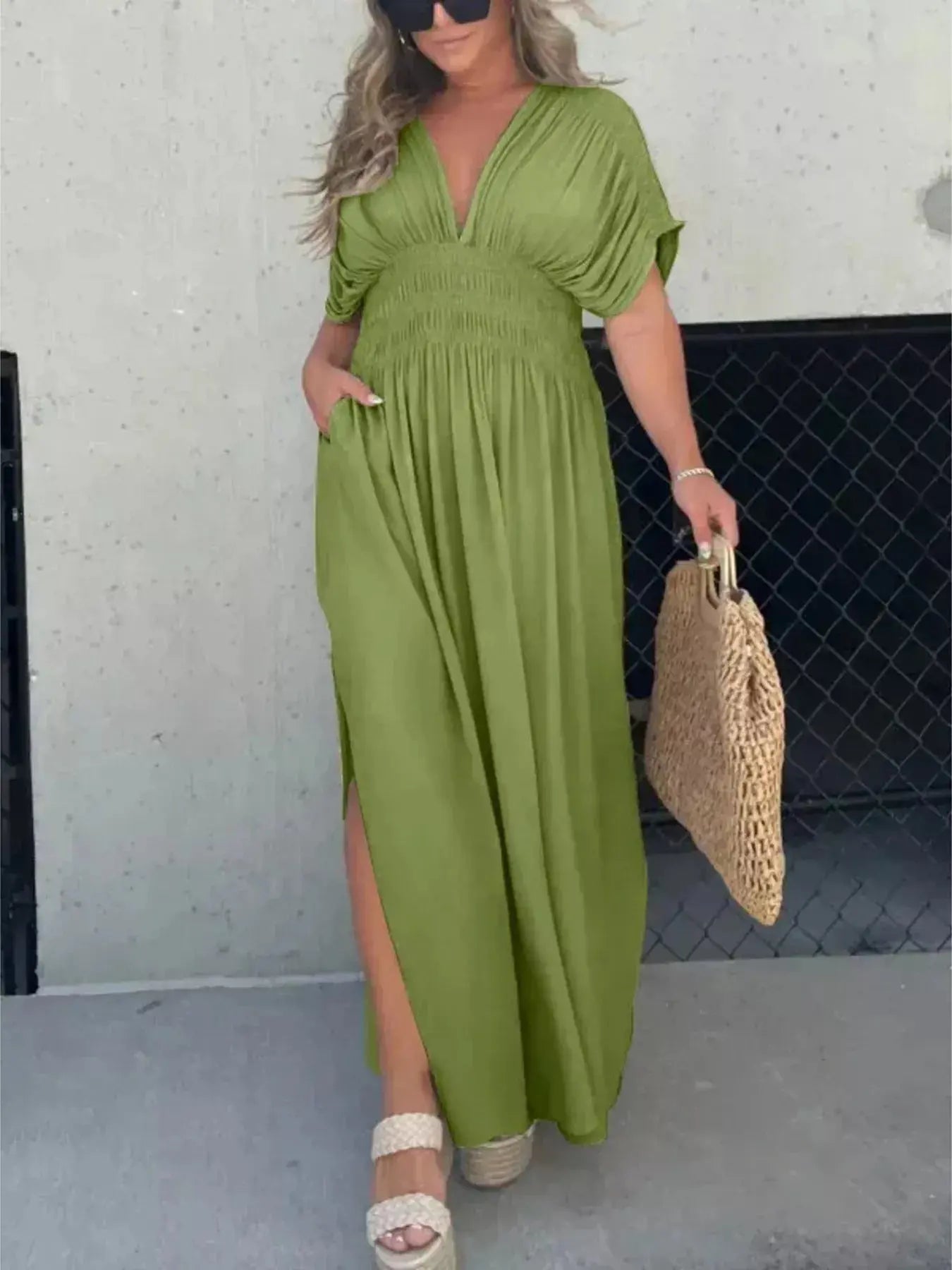 Plus Size V-Neck Smocked Waist Maxi Dress with Slit Trendsi