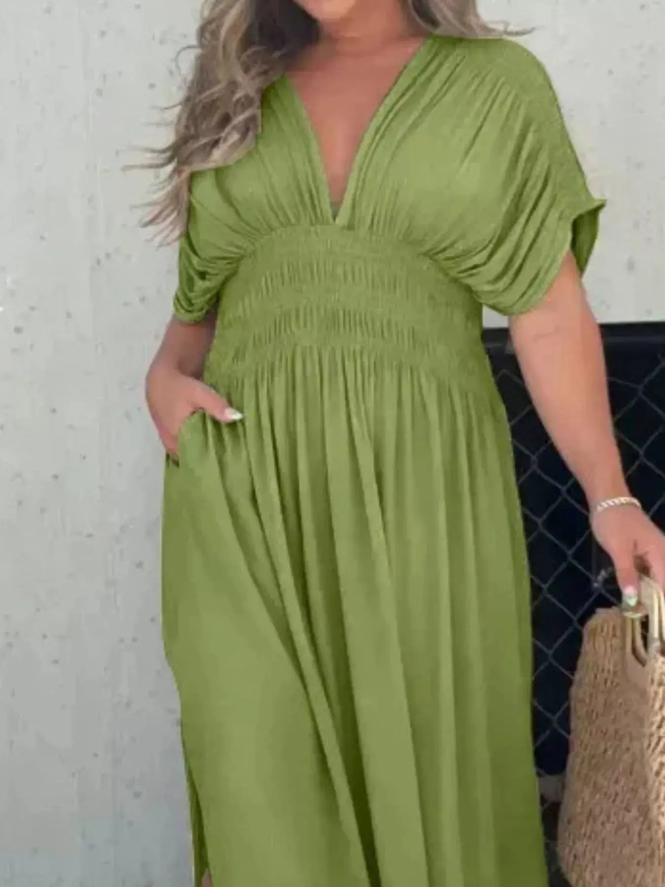 Plus Size V-Neck Smocked Waist Maxi Dress with Slit Trendsi