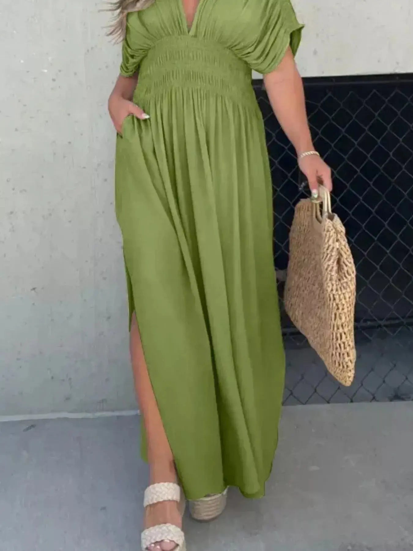 Plus Size V-Neck Smocked Waist Maxi Dress with Slit Trendsi