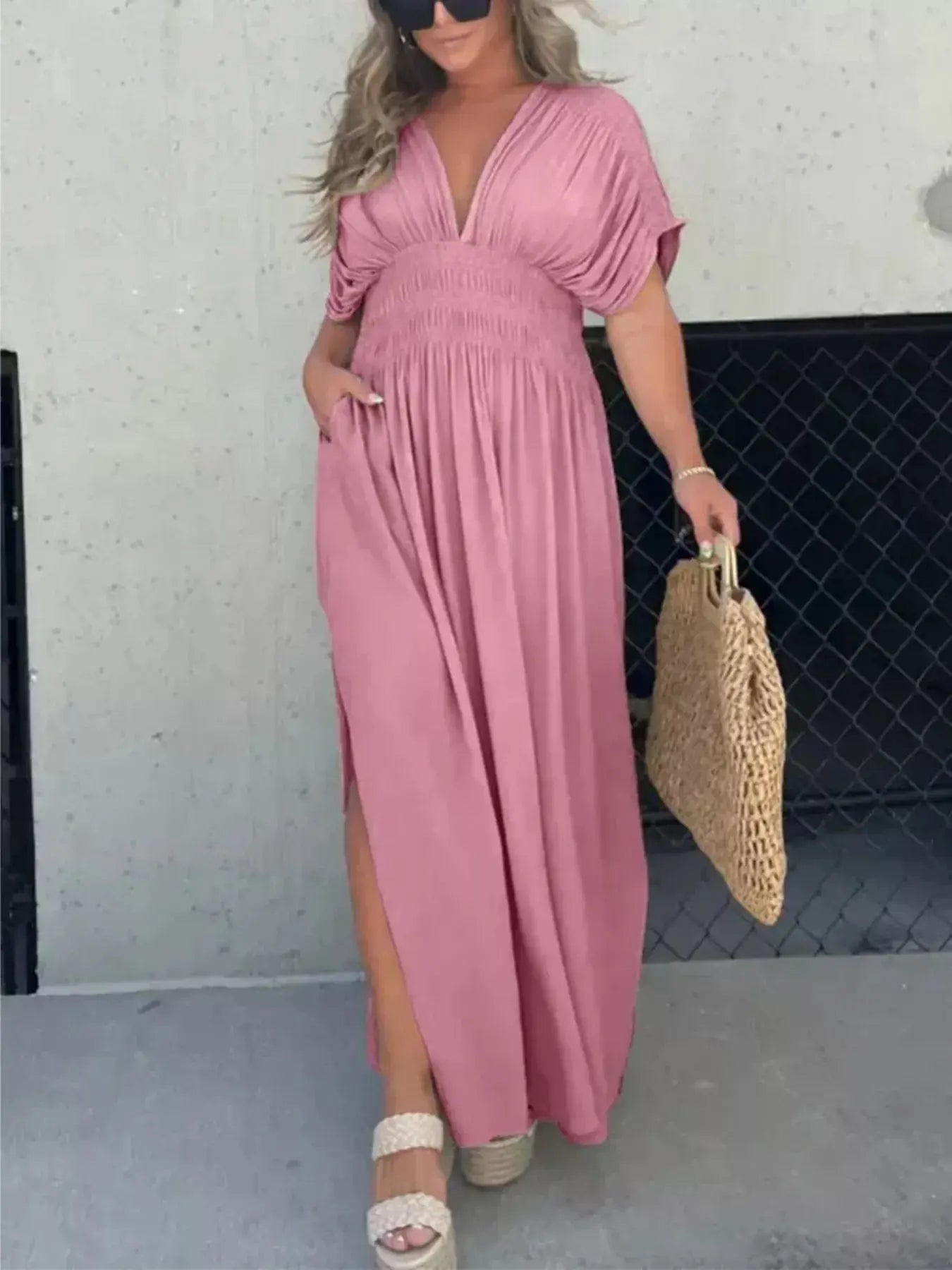 Plus Size V-Neck Smocked Waist Maxi Dress with Slit Trendsi