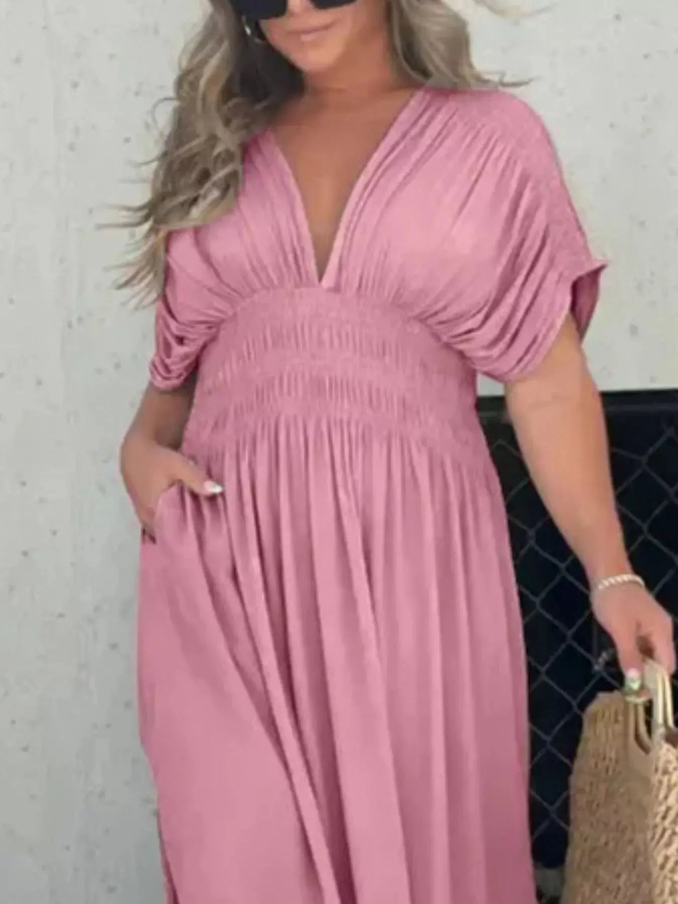 Plus Size V-Neck Smocked Waist Maxi Dress with Slit Trendsi