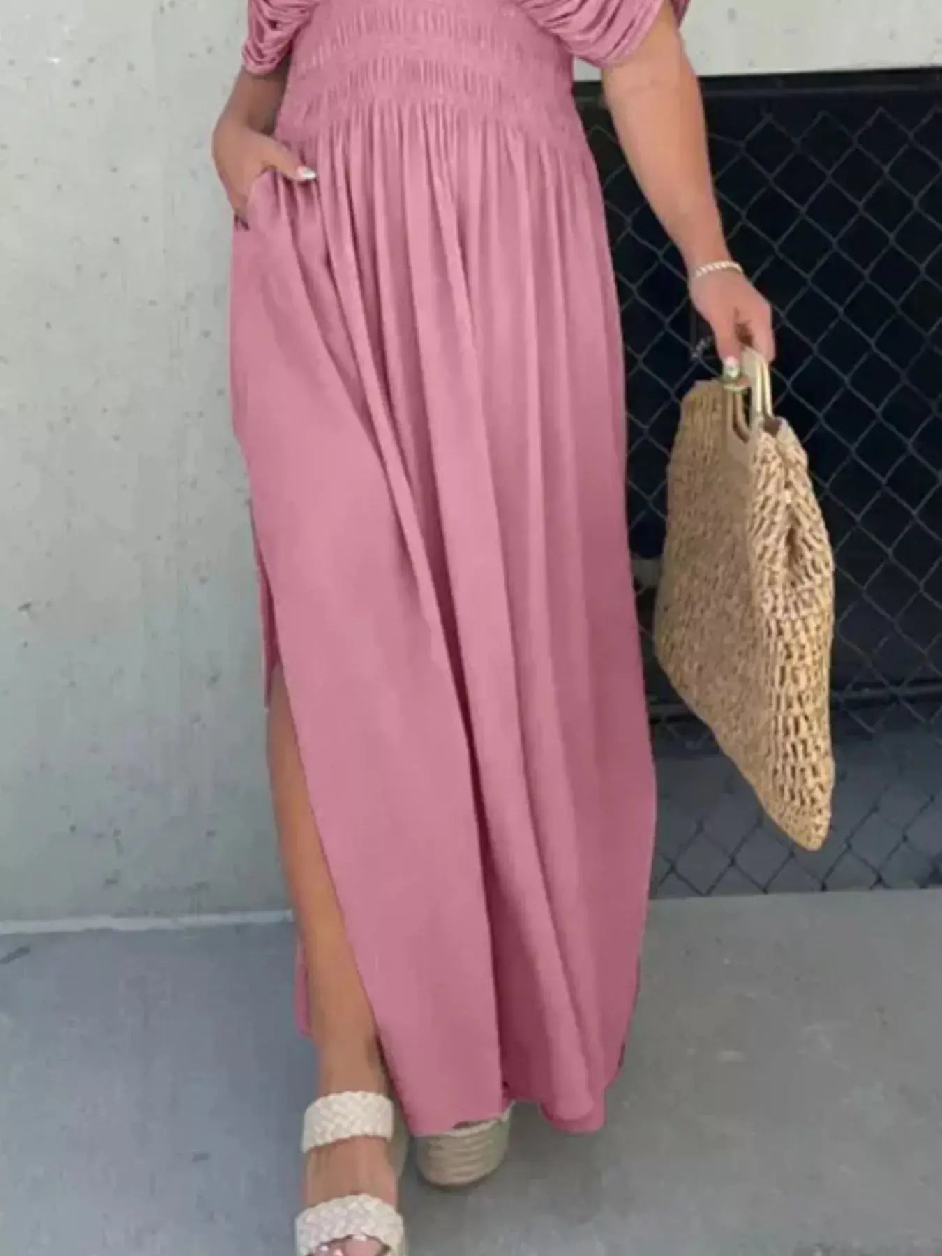 Plus Size V-Neck Smocked Waist Maxi Dress with Slit Trendsi