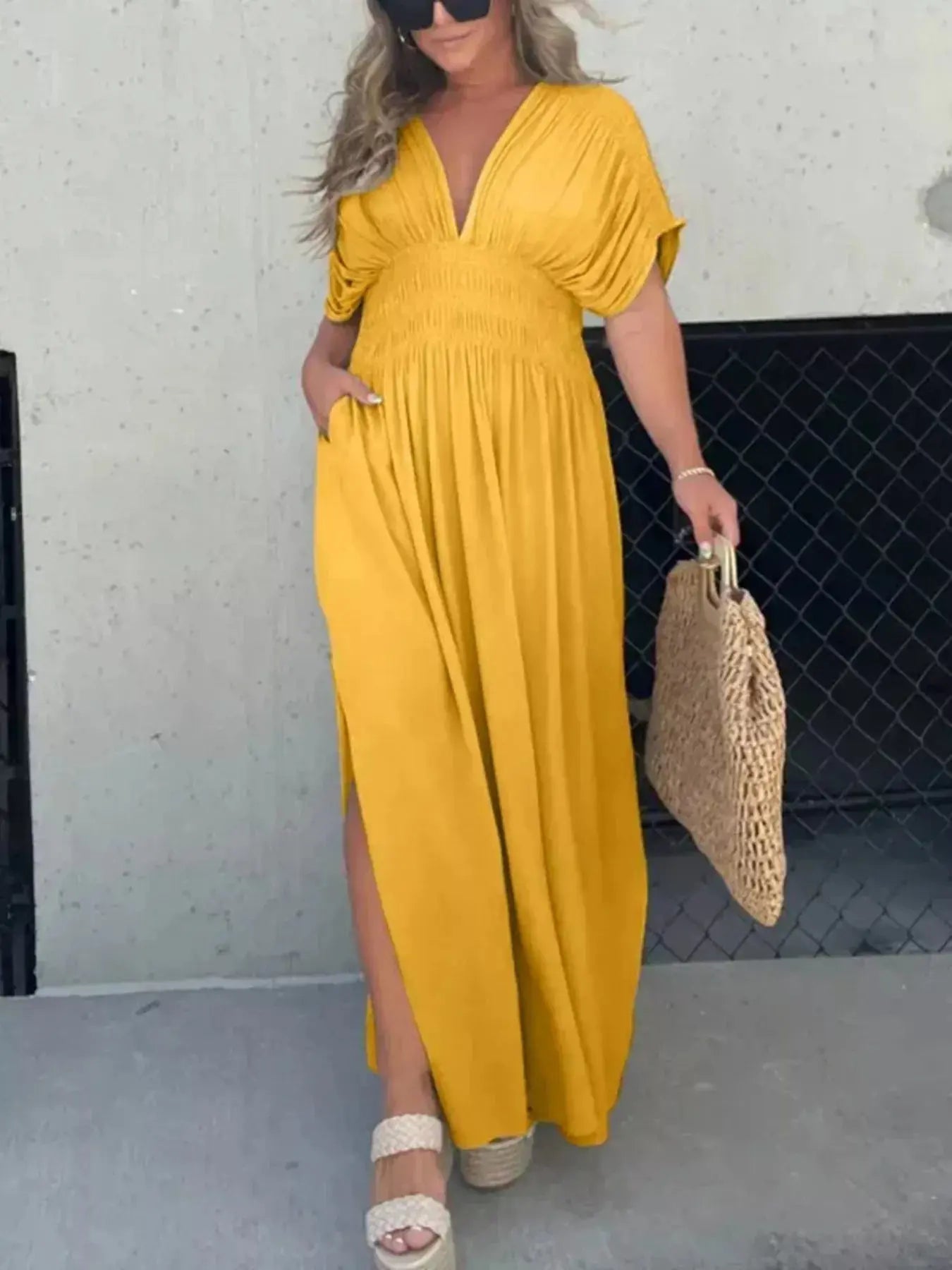 Plus Size V-Neck Smocked Waist Maxi Dress with Slit Trendsi
