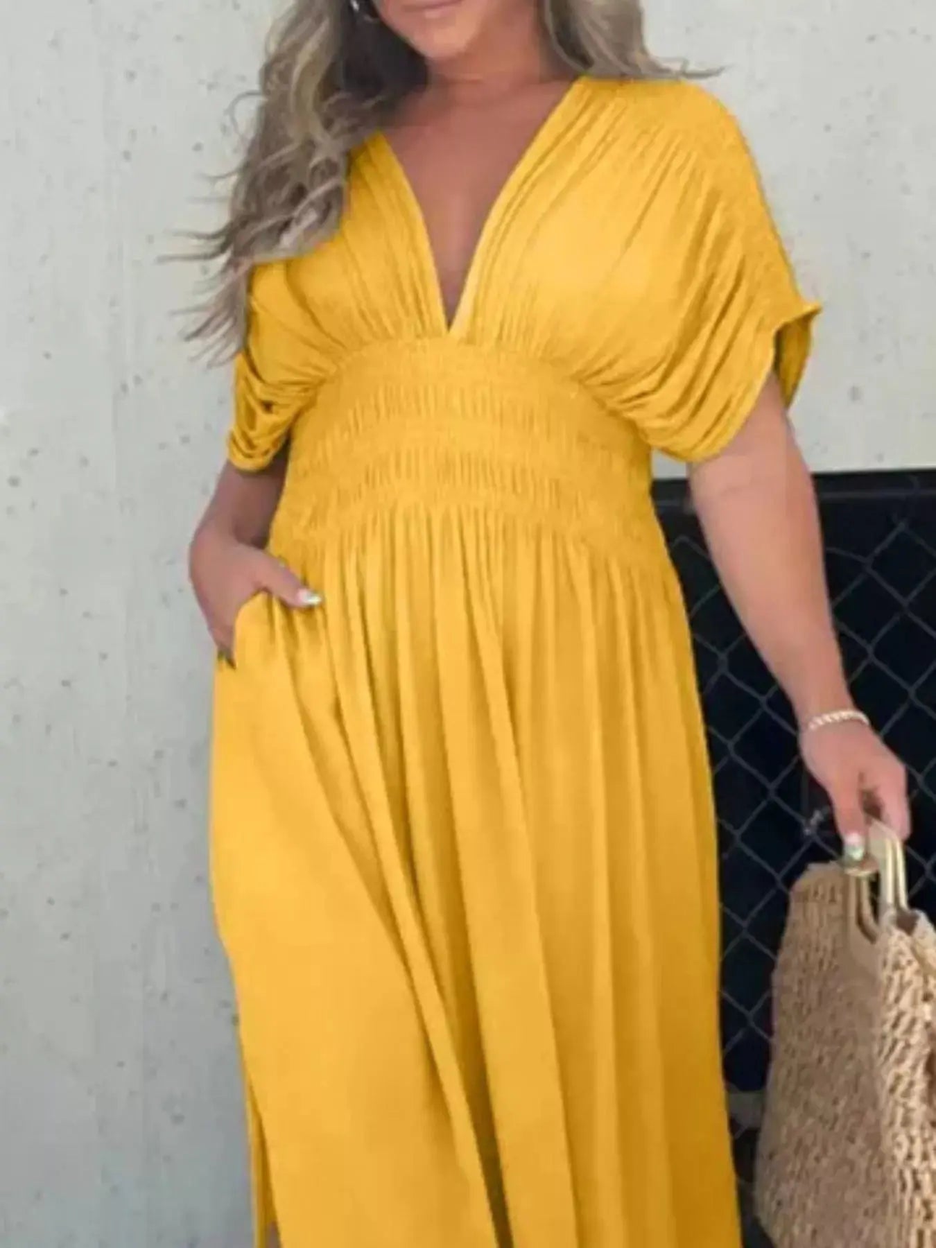 Plus Size V-Neck Smocked Waist Maxi Dress with Slit Trendsi