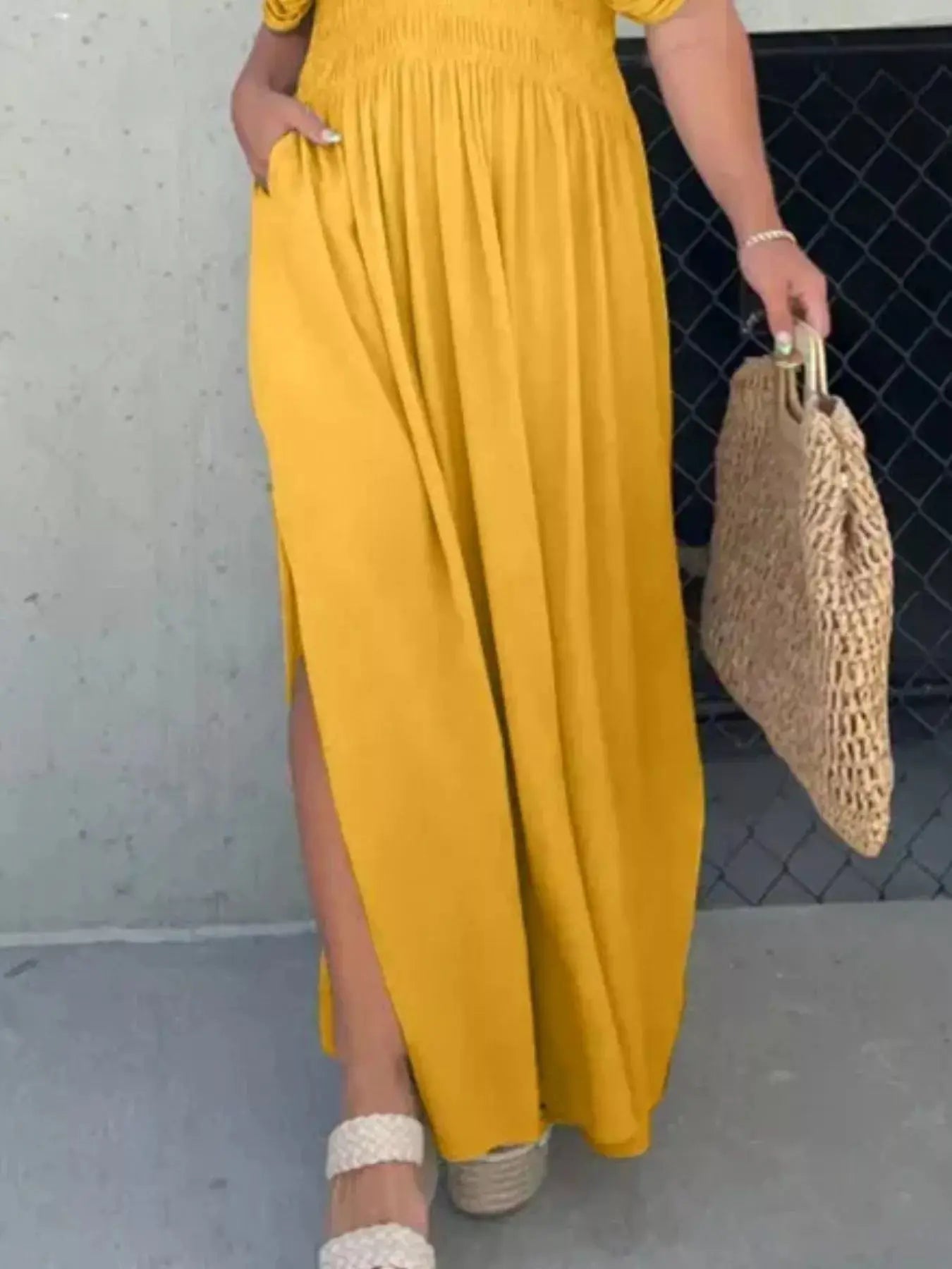 Plus Size V-Neck Smocked Waist Maxi Dress with Slit Trendsi