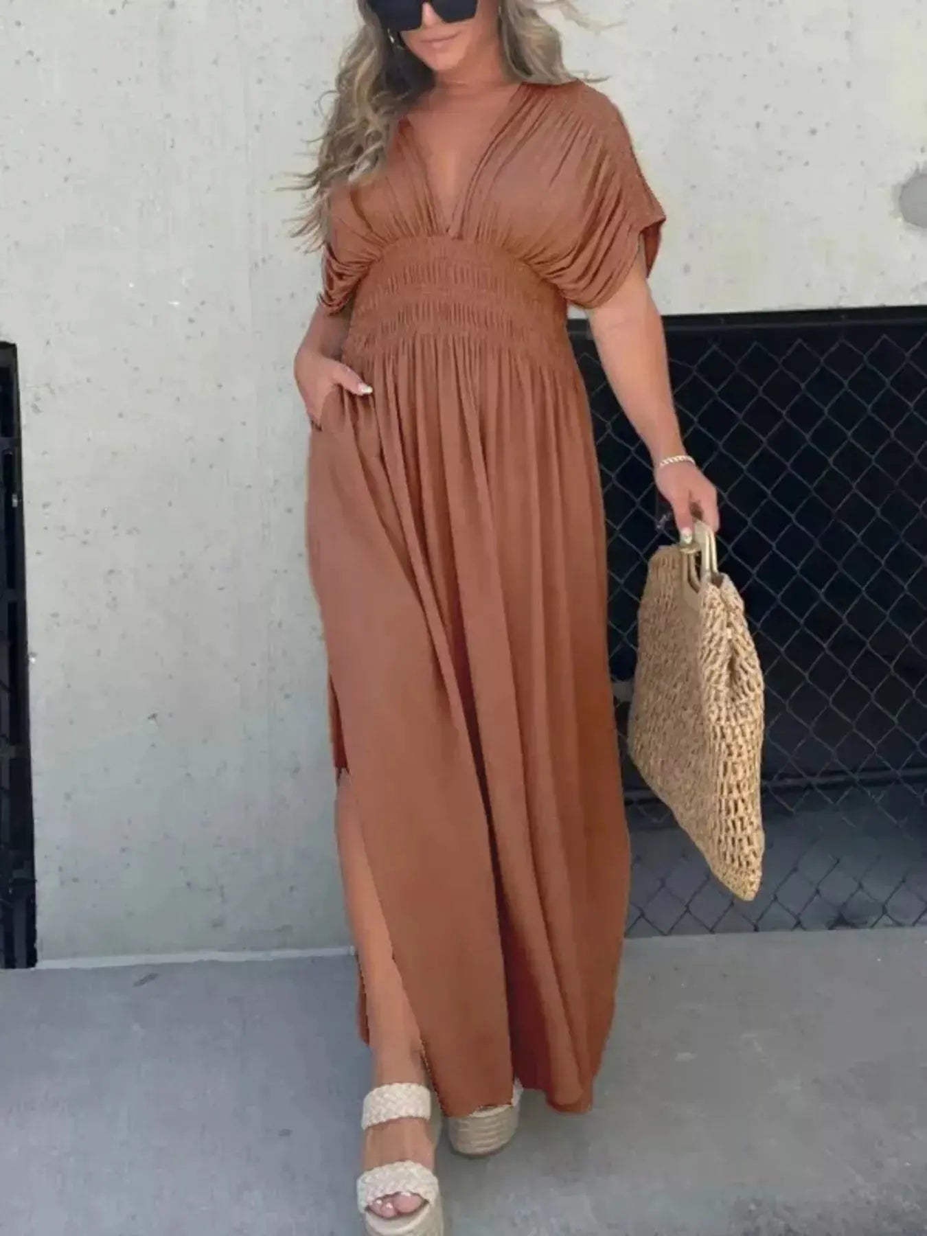 Plus Size V-Neck Smocked Waist Maxi Dress with Slit Trendsi