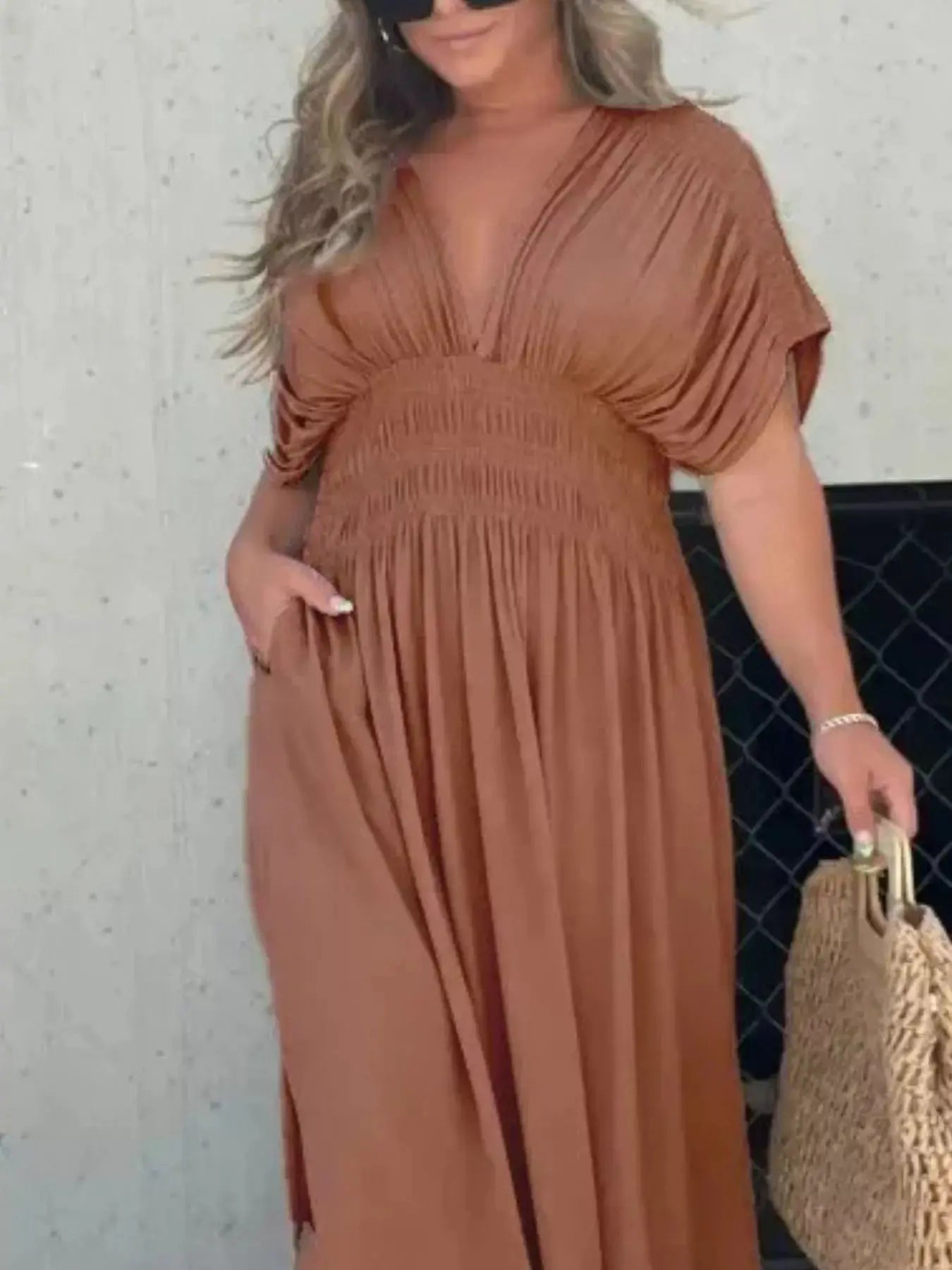 Plus Size V-Neck Smocked Waist Maxi Dress with Slit Trendsi