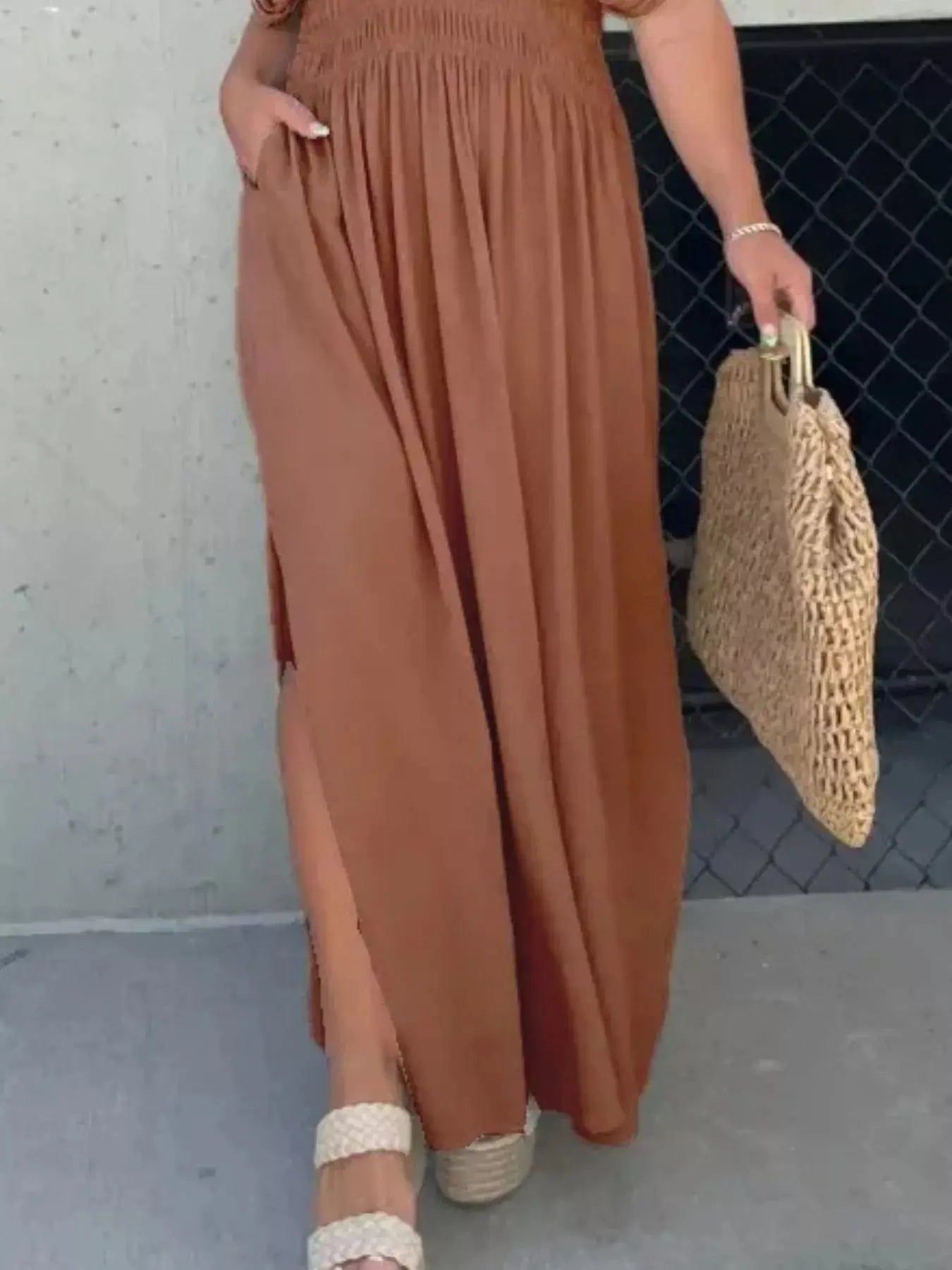 Plus Size V-Neck Smocked Waist Maxi Dress with Slit Trendsi