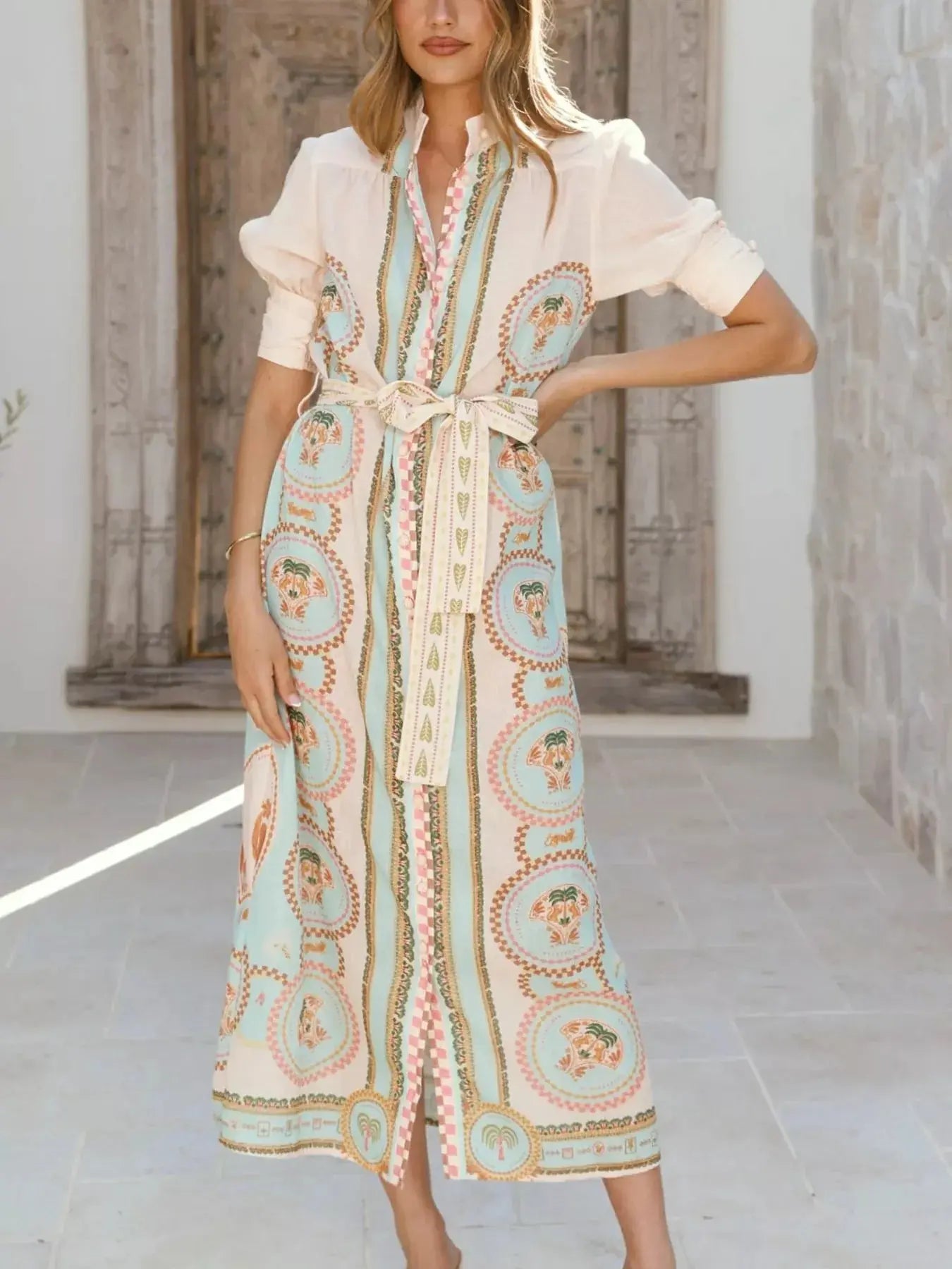 Printed Puff Sleeve Midi Dress With Tie Waist And Button Details Trendsi