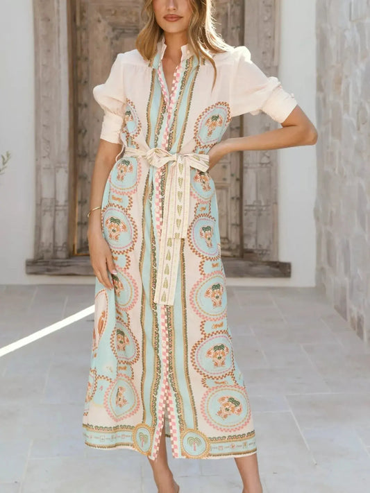 Printed Puff Sleeve Midi Dress With Tie Waist And Button Details Trendsi