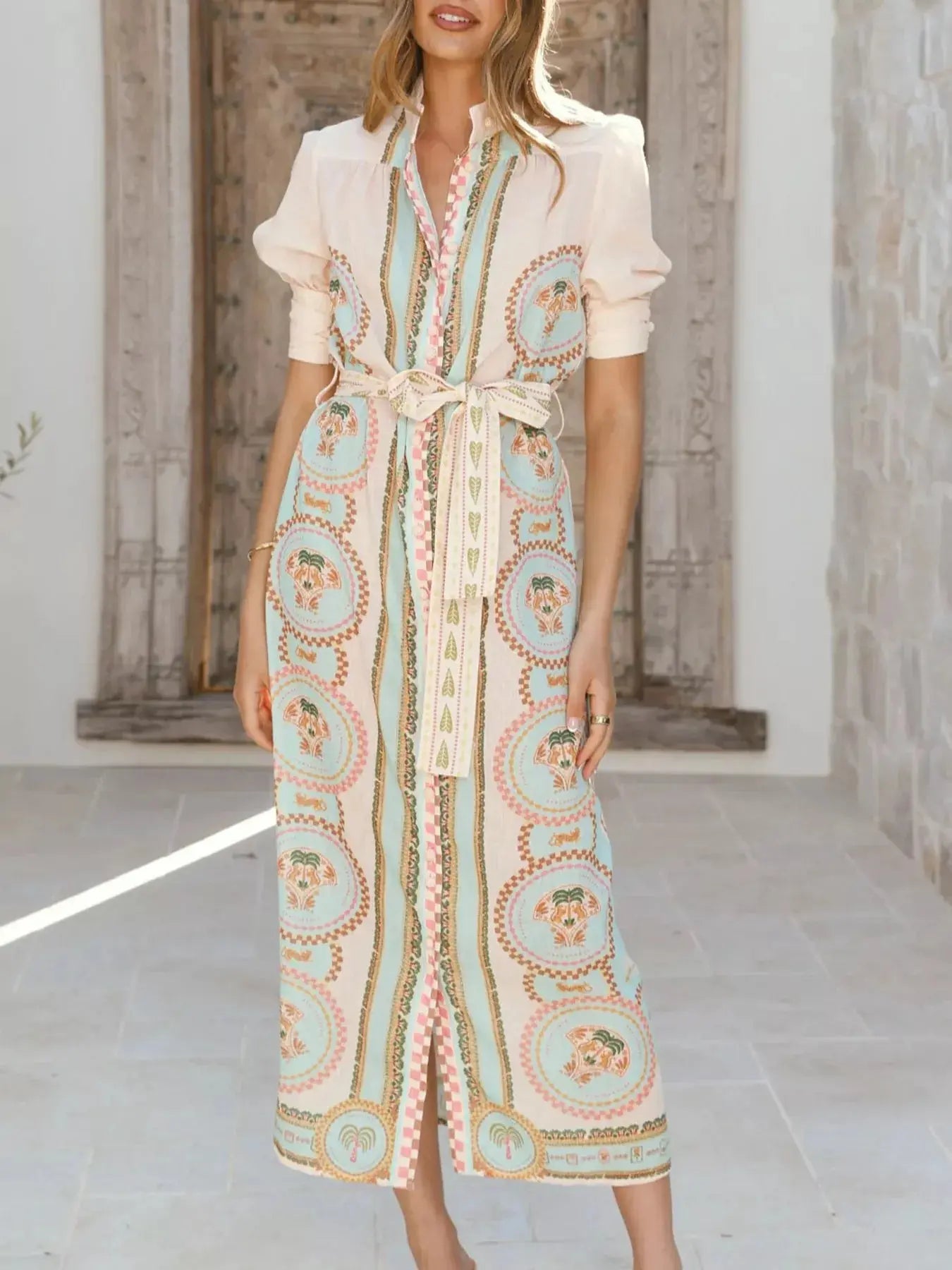 Printed Puff Sleeve Midi Dress With Tie Waist And Button Details Trendsi