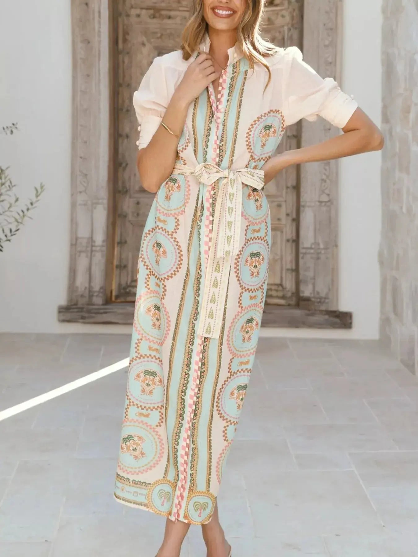 Printed Puff Sleeve Midi Dress With Tie Waist And Button Details Trendsi