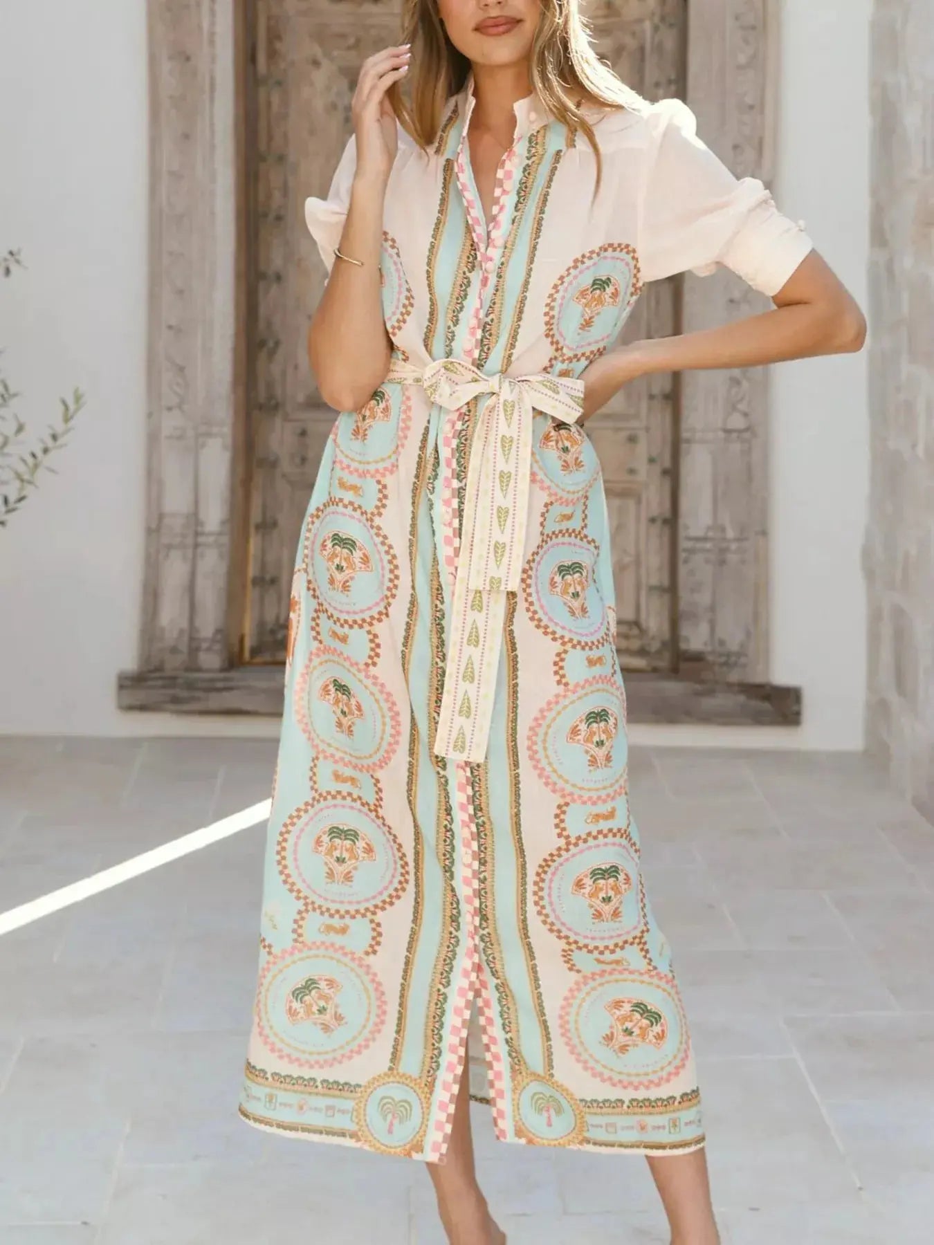 Printed Puff Sleeve Midi Dress With Tie Waist And Button Details Trendsi