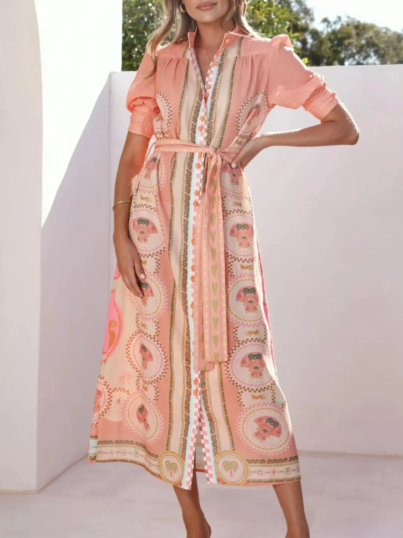 Printed Puff Sleeve Midi Dress With Tie Waist And Button Details Trendsi
