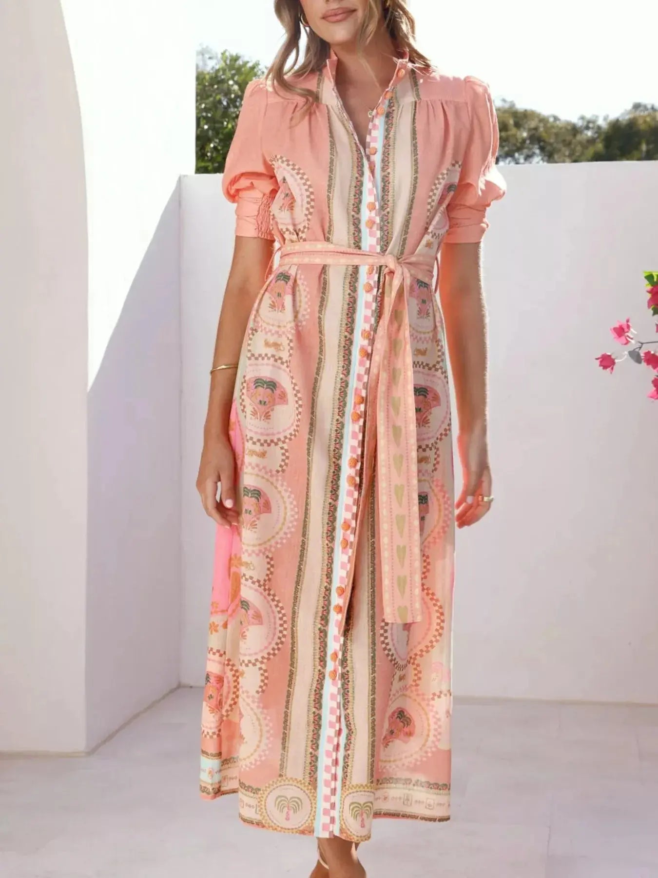 Printed Puff Sleeve Midi Dress With Tie Waist And Button Details Trendsi