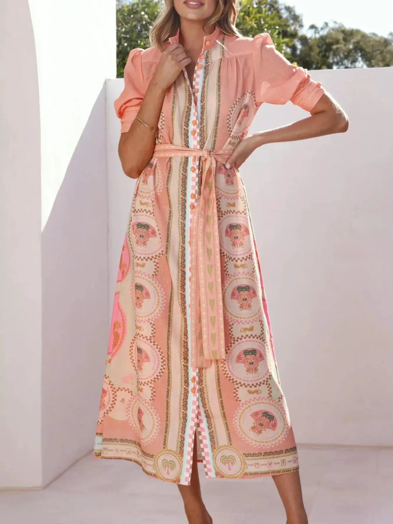 Printed Puff Sleeve Midi Dress With Tie Waist And Button Details Trendsi