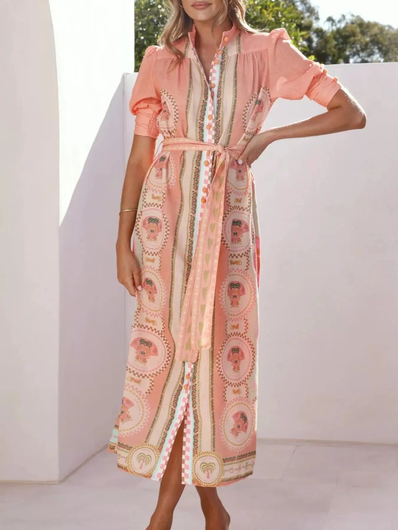 Printed Puff Sleeve Midi Dress With Tie Waist And Button Details Trendsi