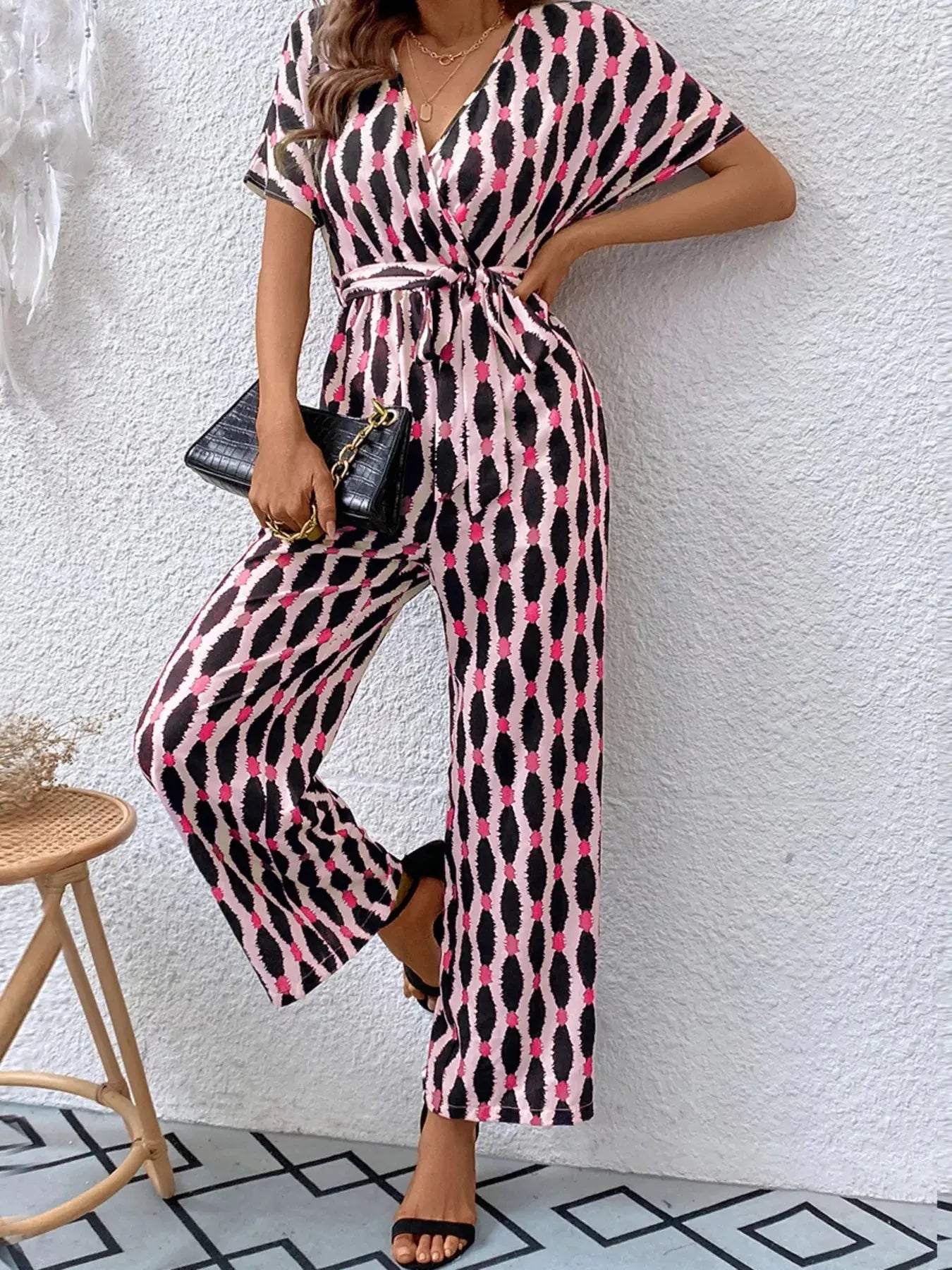 Printed Surplice Tie Waist Short Sleeve Jumpsuit Trendsi
