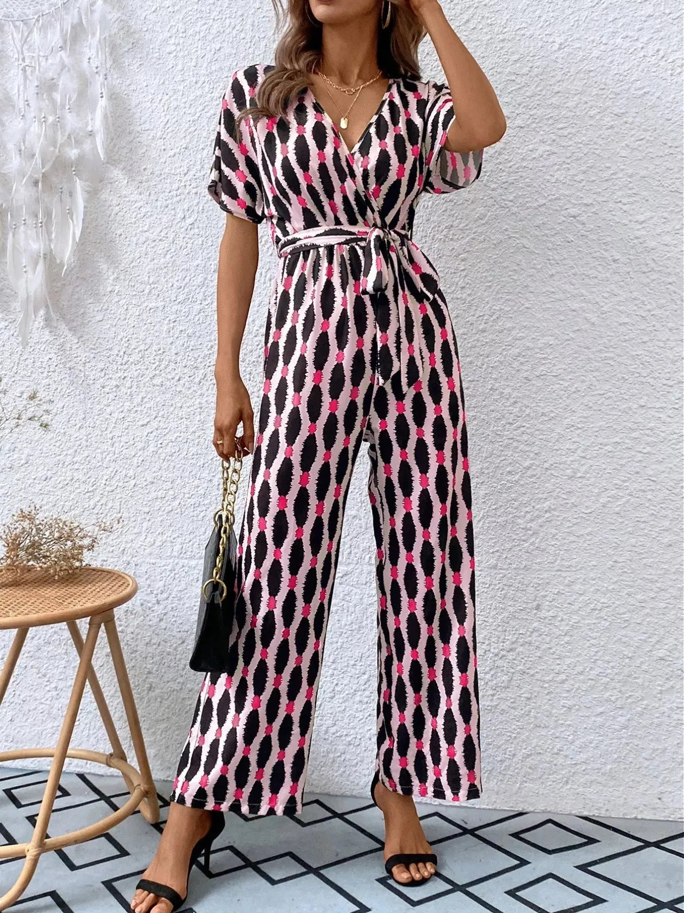 Printed Surplice Tie Waist Short Sleeve Jumpsuit Trendsi