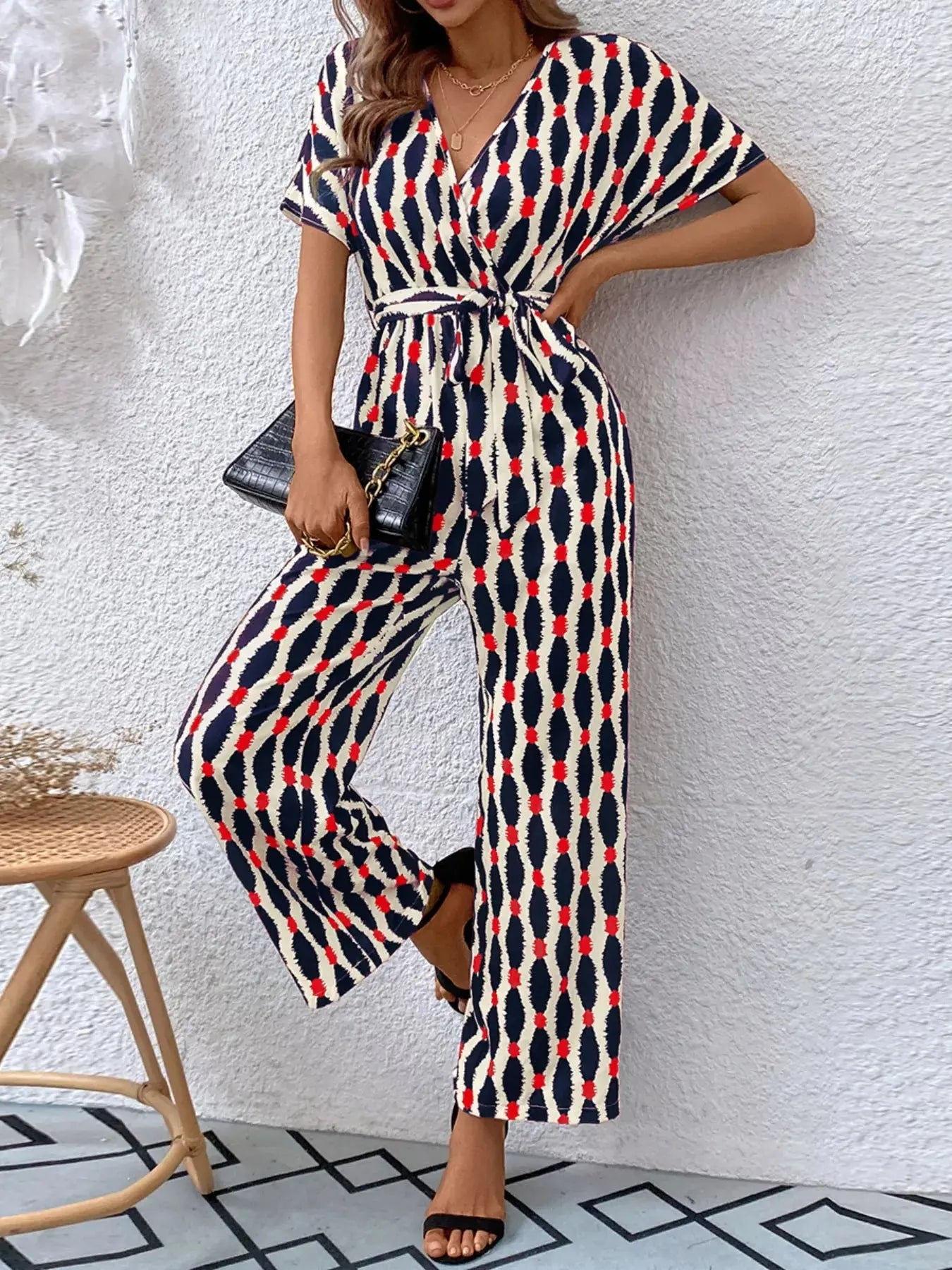 Printed Surplice Tie Waist Short Sleeve Jumpsuit Trendsi