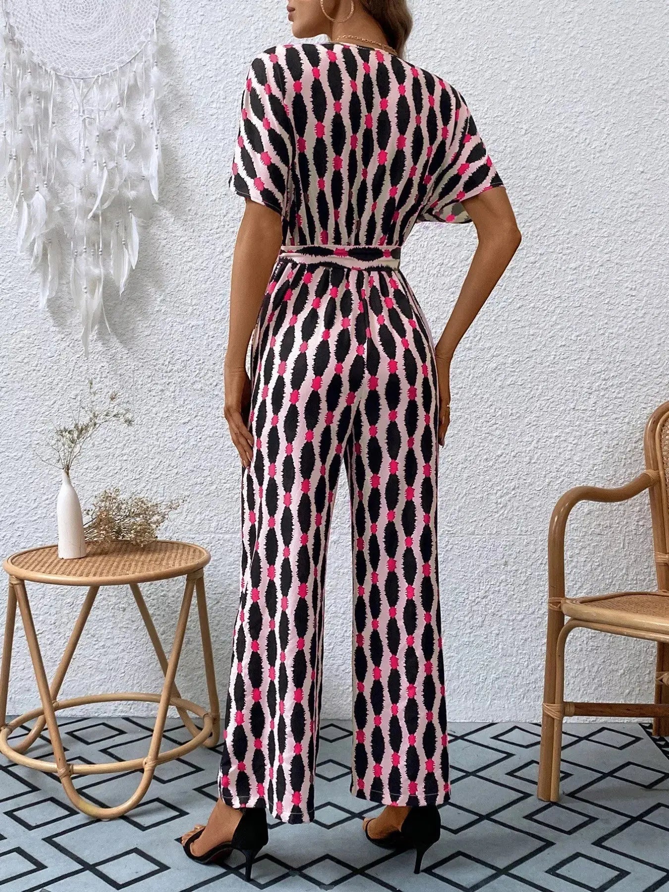 Printed Surplice Tie Waist Short Sleeve Jumpsuit Trendsi