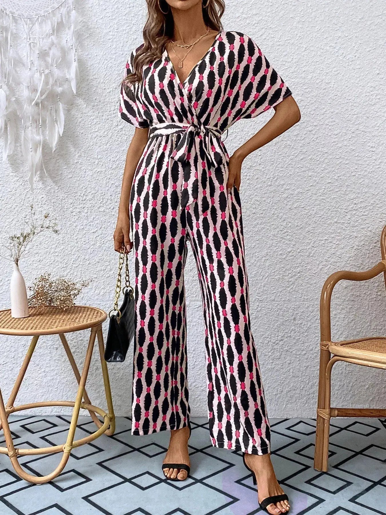 Printed Surplice Tie Waist Short Sleeve Jumpsuit Trendsi