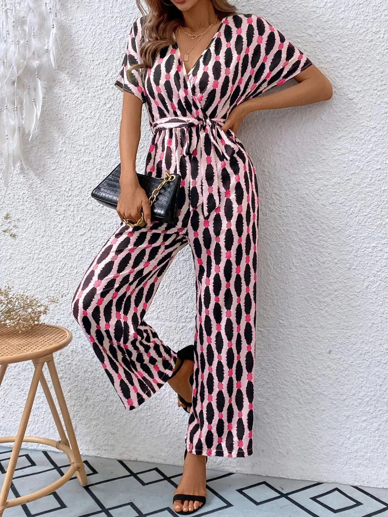 Printed Surplice Tie Waist Short Sleeve Jumpsuit Trendsi
