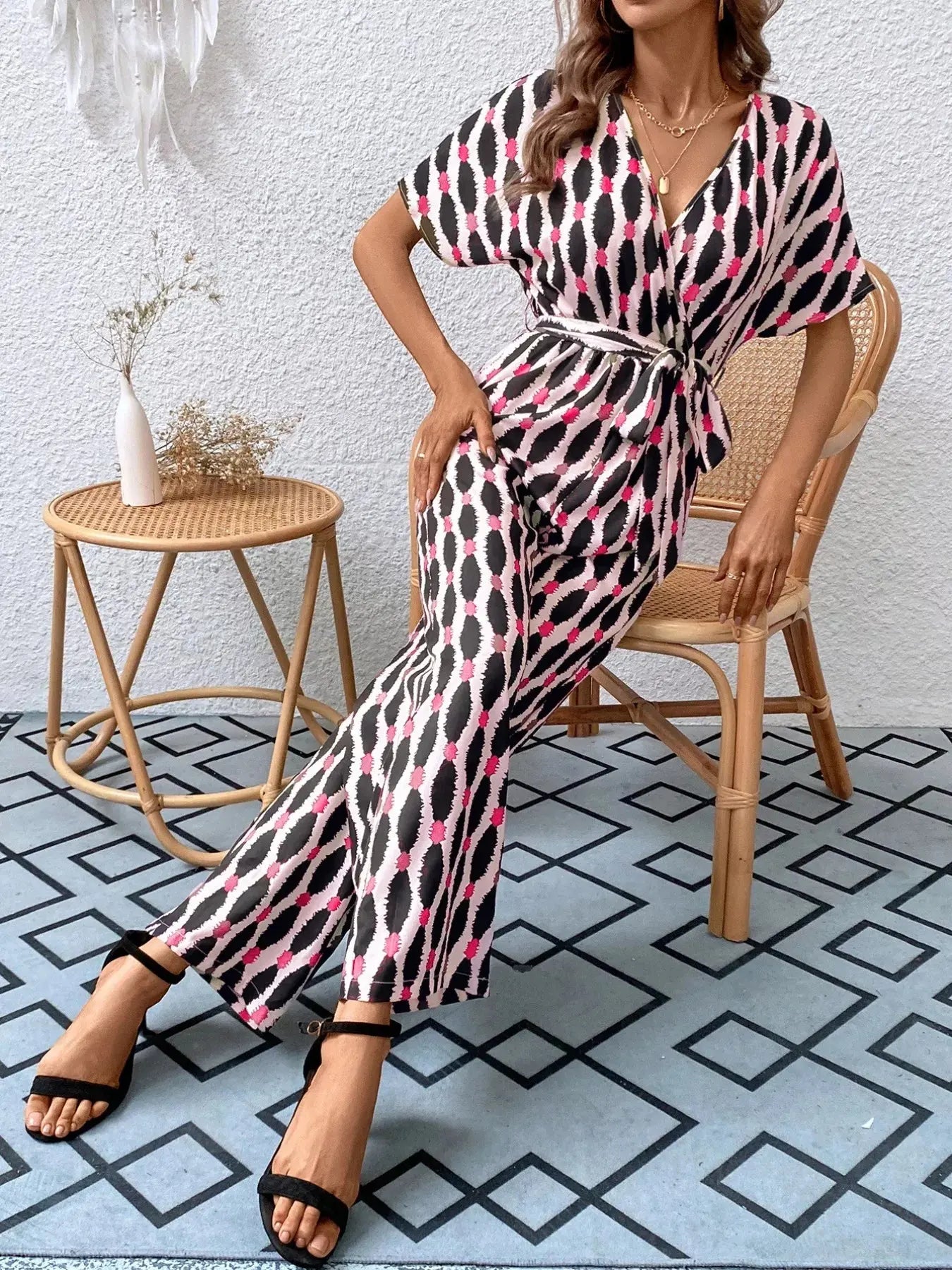 Printed Surplice Tie Waist Short Sleeve Jumpsuit Trendsi
