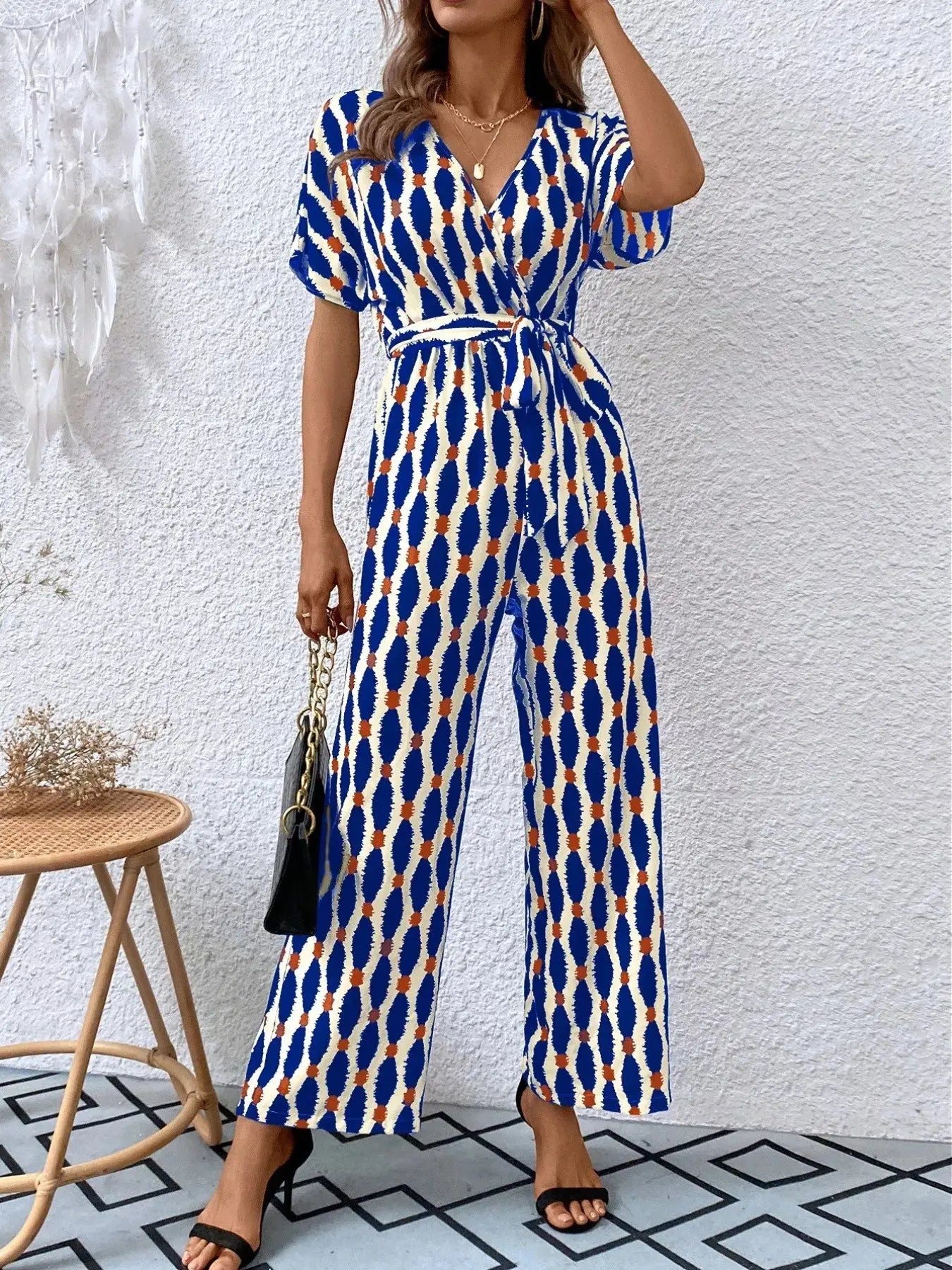 Printed Surplice Tie Waist Short Sleeve Jumpsuit Trendsi