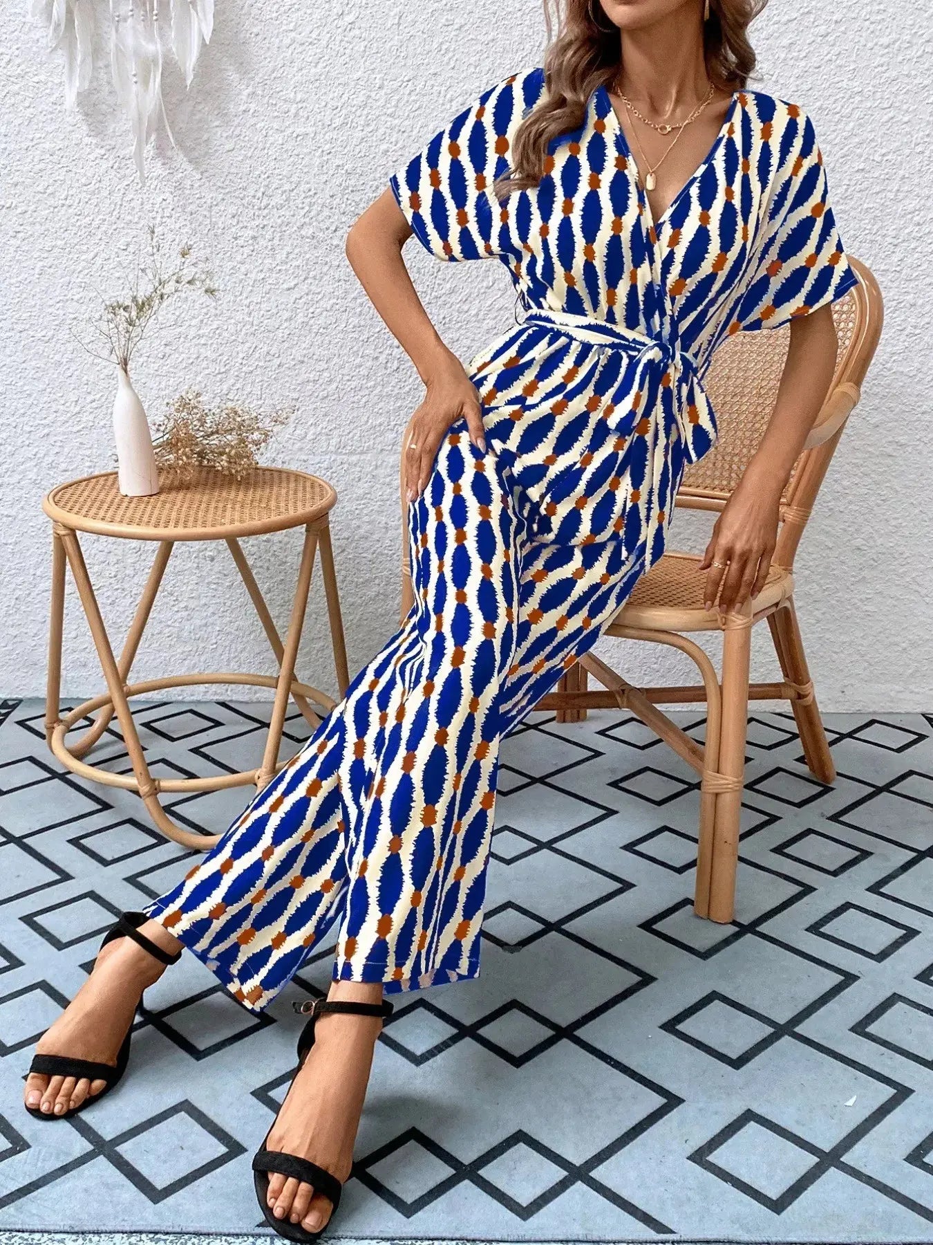 Printed Surplice Tie Waist Short Sleeve Jumpsuit Trendsi