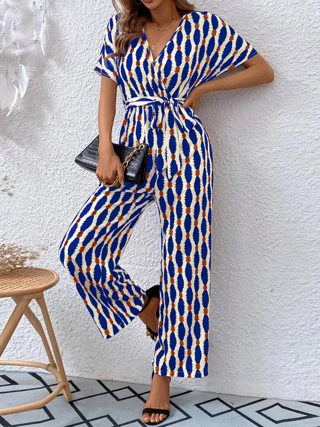 Printed Surplice Tie Waist Short Sleeve Jumpsuit Trendsi