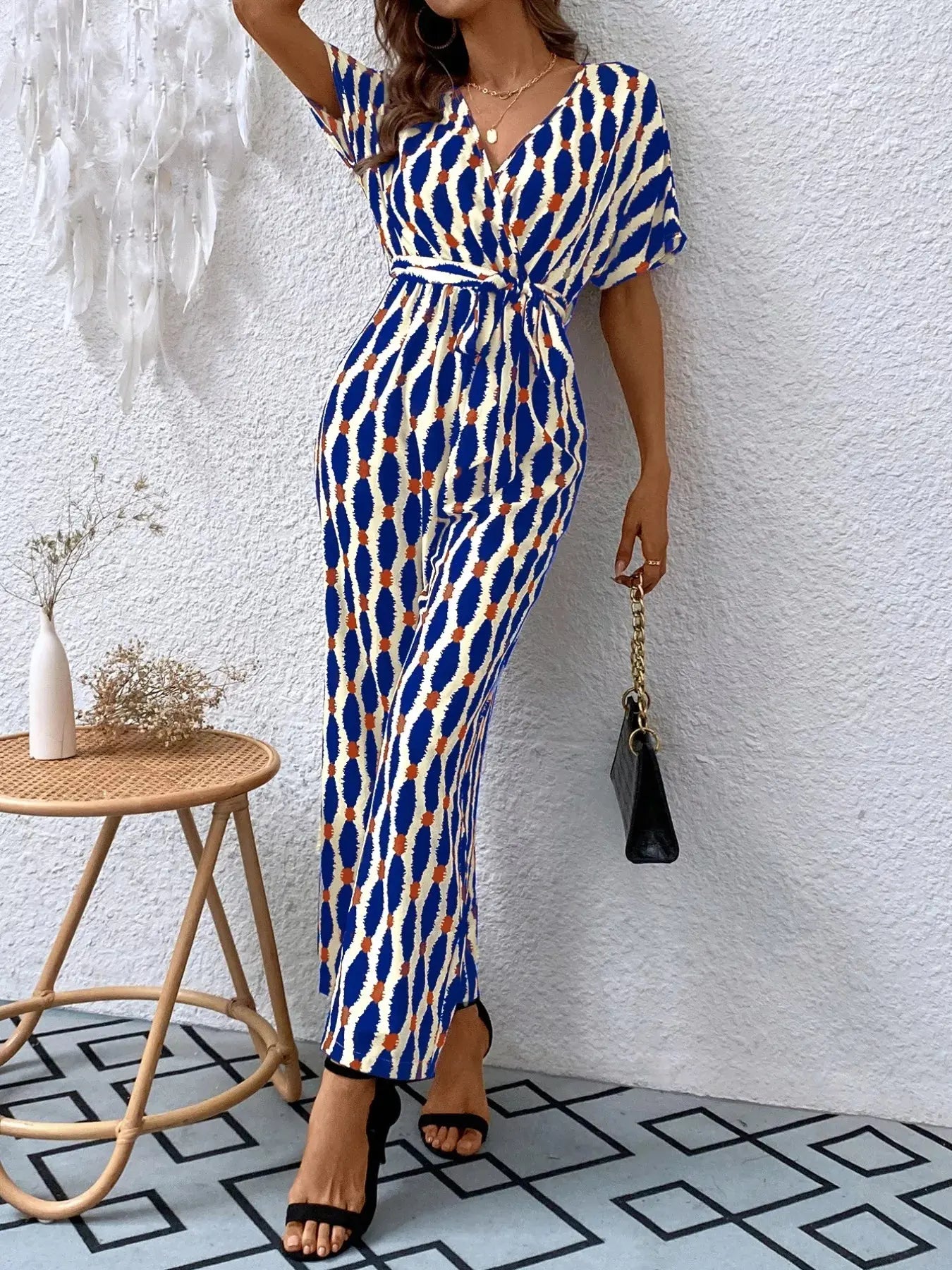 Printed Surplice Tie Waist Short Sleeve Jumpsuit Trendsi