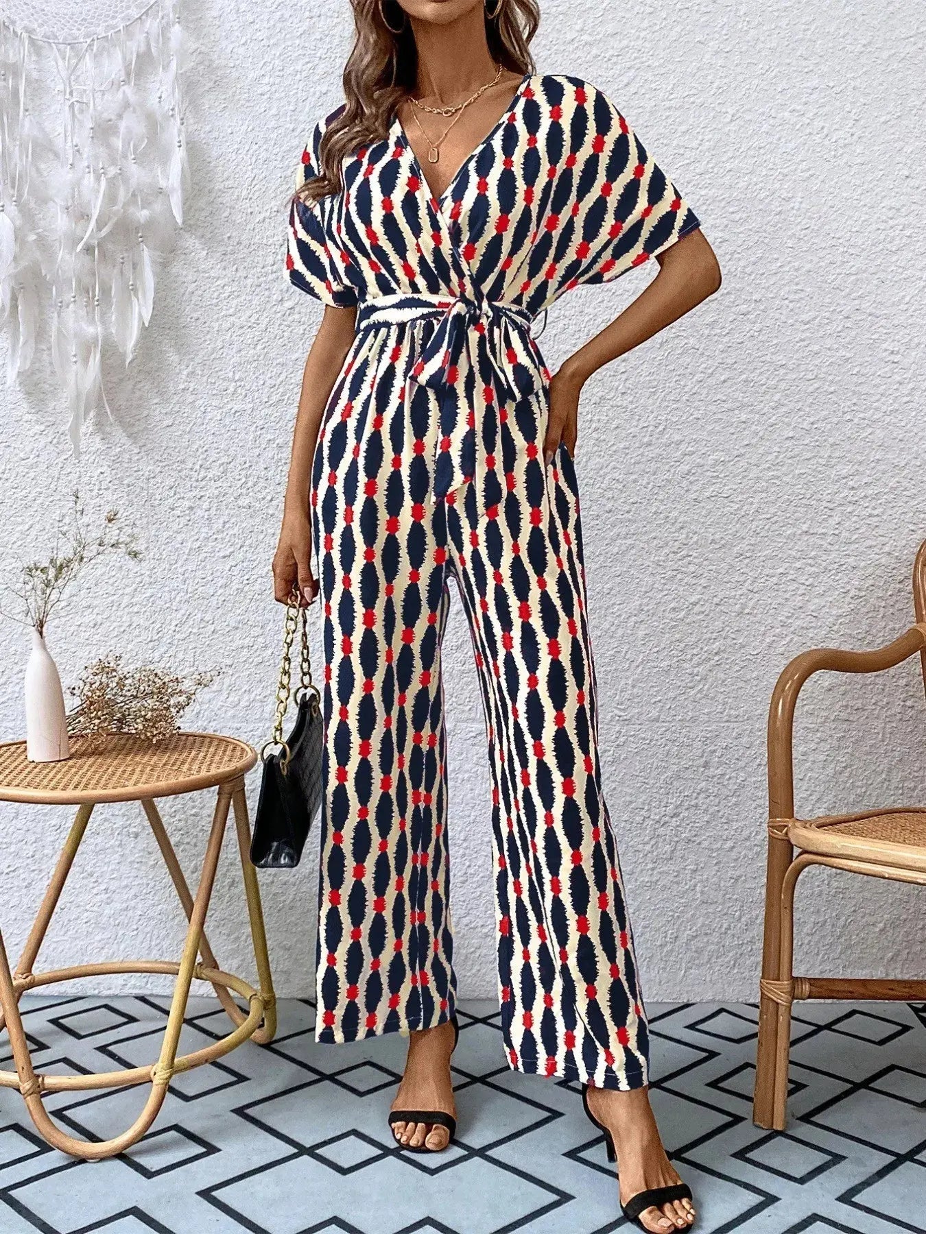 Printed Surplice Tie Waist Short Sleeve Jumpsuit Trendsi