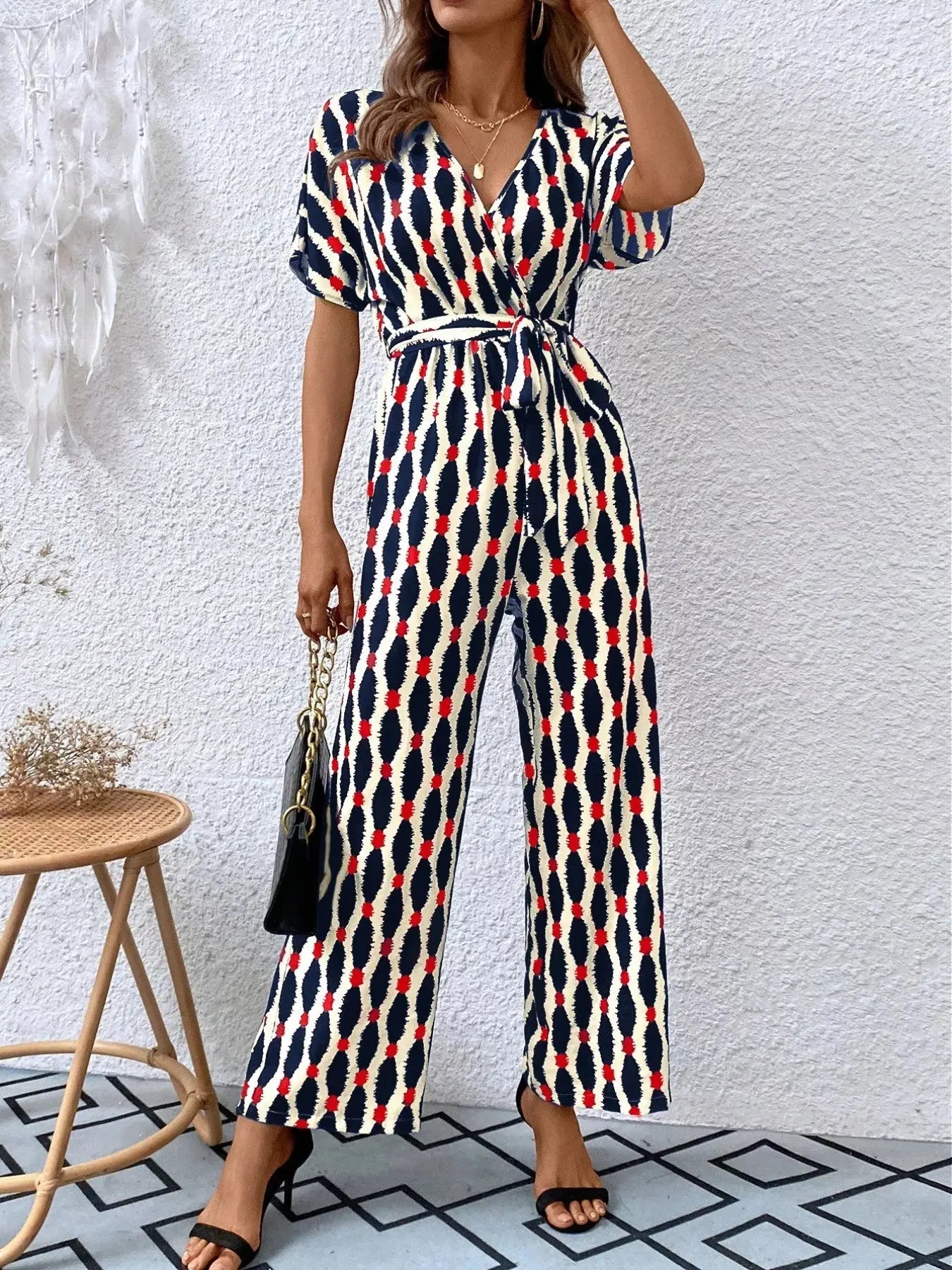 Printed Surplice Tie Waist Short Sleeve Jumpsuit Trendsi