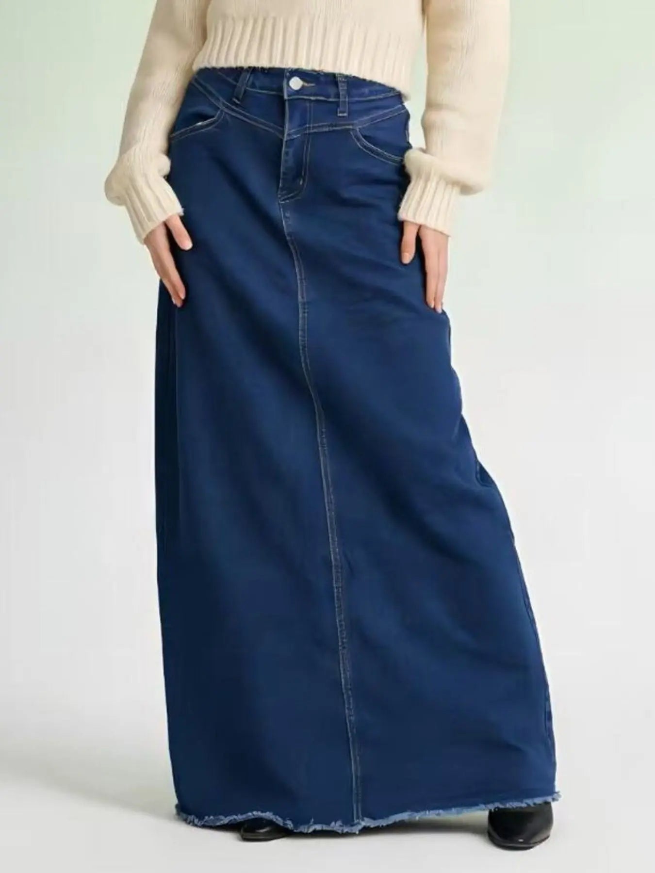 Raw Hem Maxi Denim Skirt Buttoned 85 Percent Cotton 15 Percent Polyester Blend Trendsi