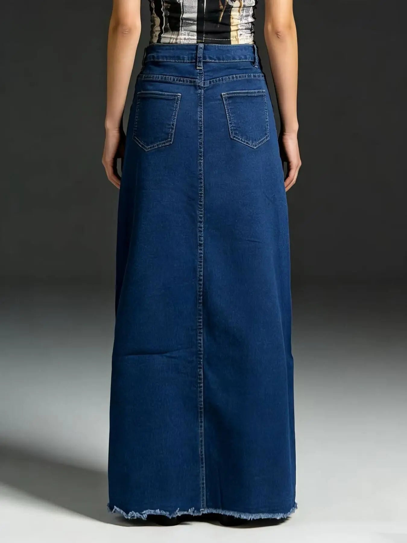 Raw Hem Maxi Denim Skirt Buttoned 85 Percent Cotton 15 Percent Polyester Blend Trendsi