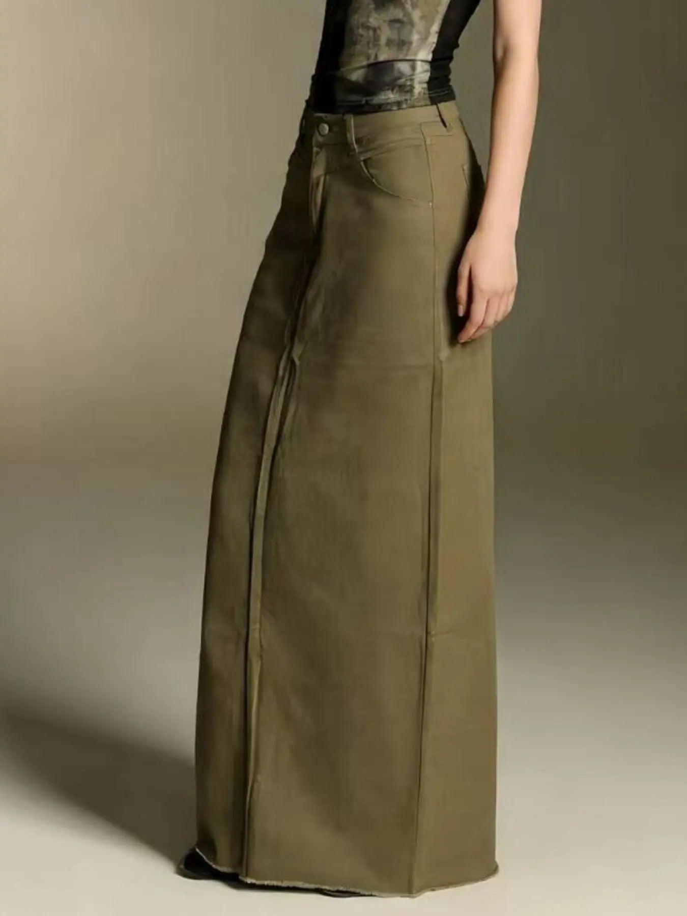 Raw Hem Maxi Denim Skirt Buttoned 85 Percent Cotton 15 Percent Polyester Blend Trendsi