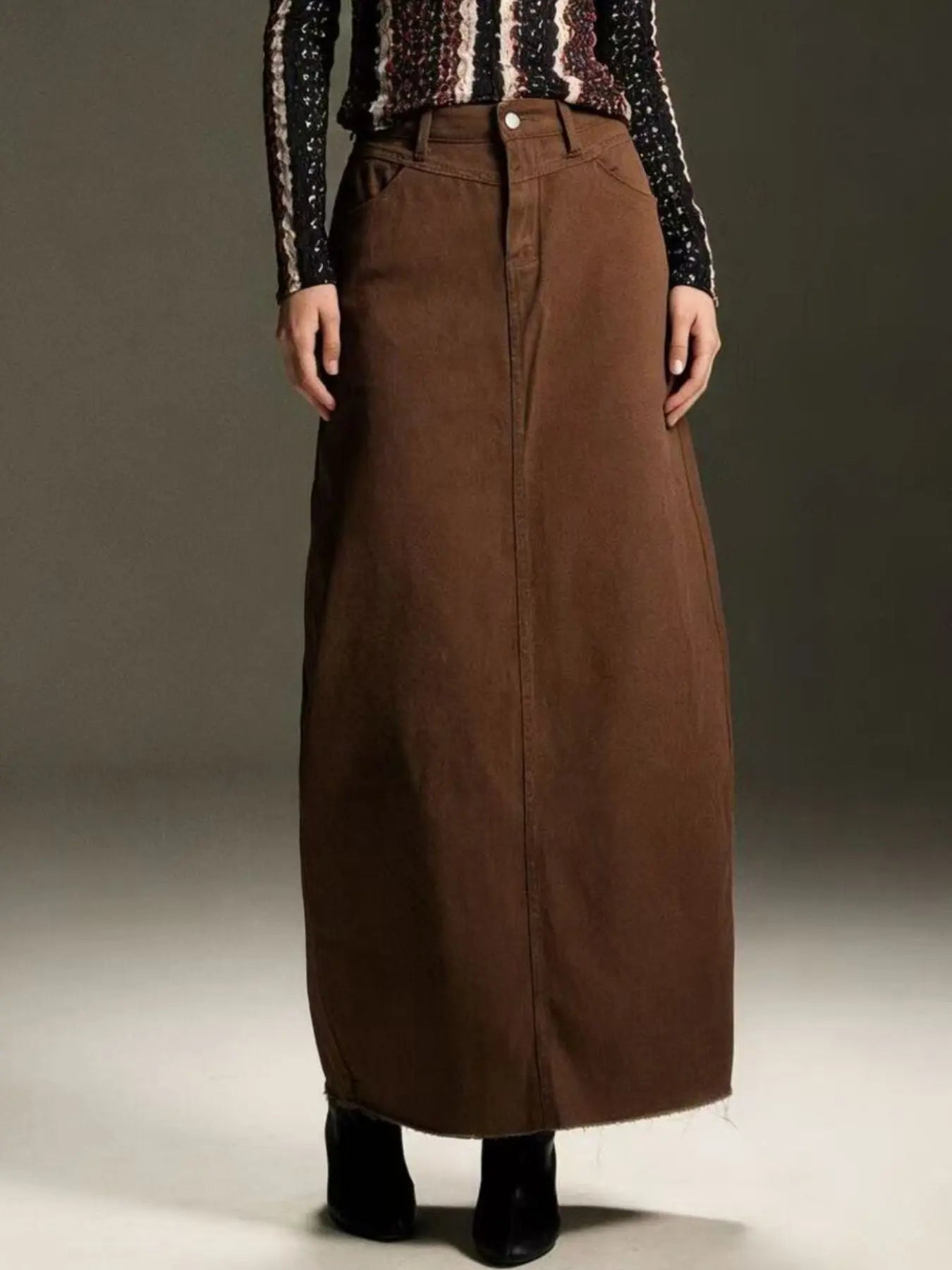 Raw Hem Maxi Denim Skirt Buttoned 85 Percent Cotton 15 Percent Polyester Blend Trendsi